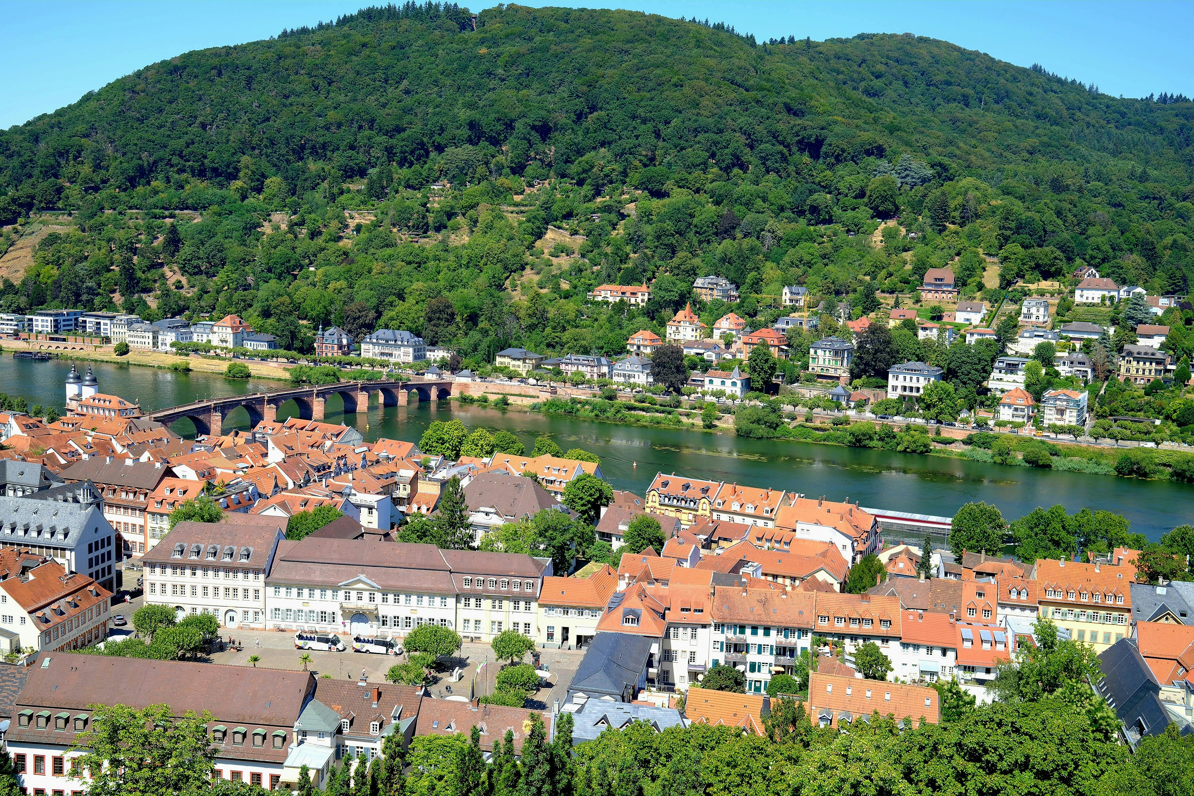 Aerial view of the Neckar river and old town buildings in Heidelberg, Germany