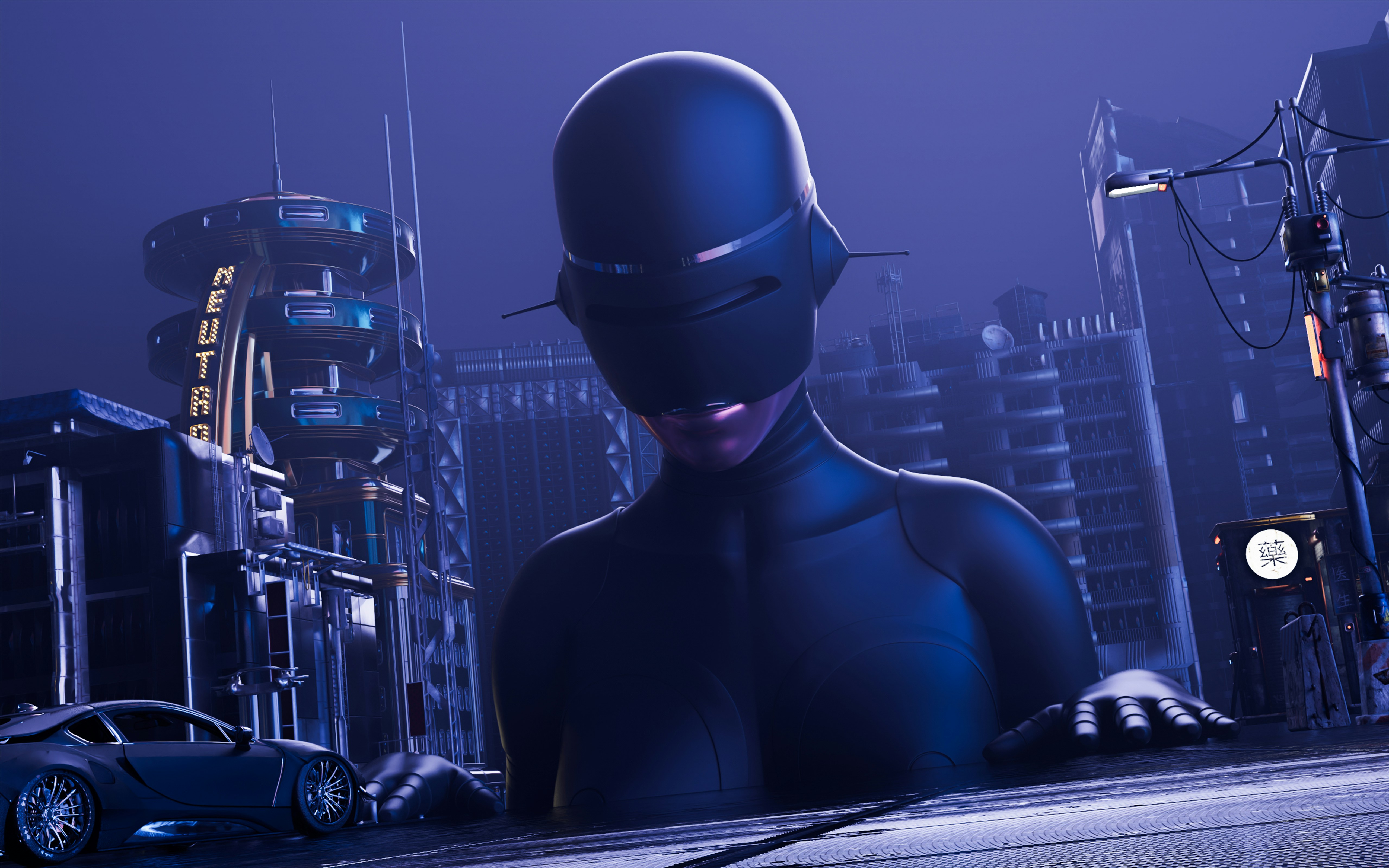 A giant person in a black helmet and suit in a futuristic city
