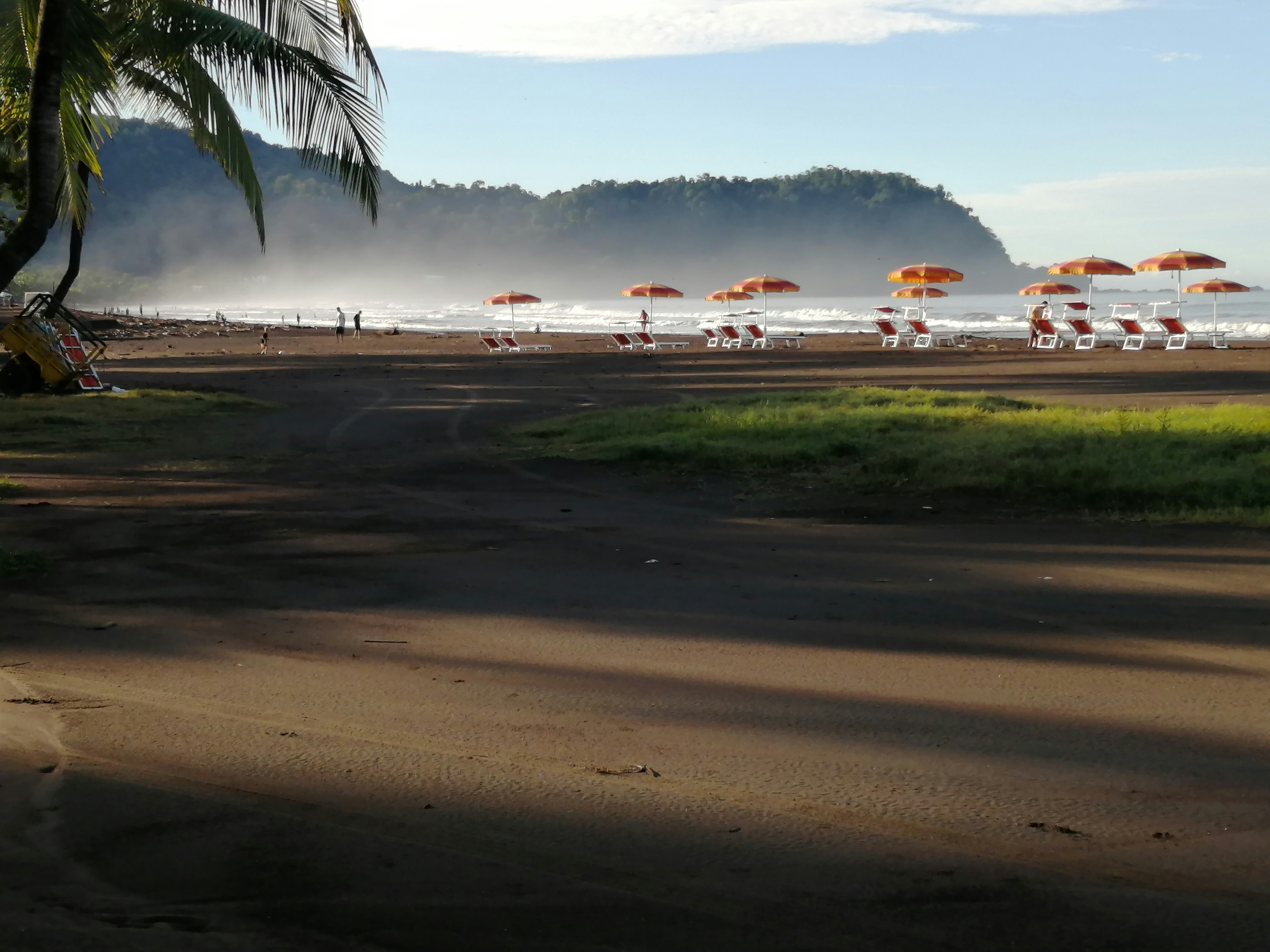Orange beach umbrellas and lounge chairs on dark sand near a misty coastline