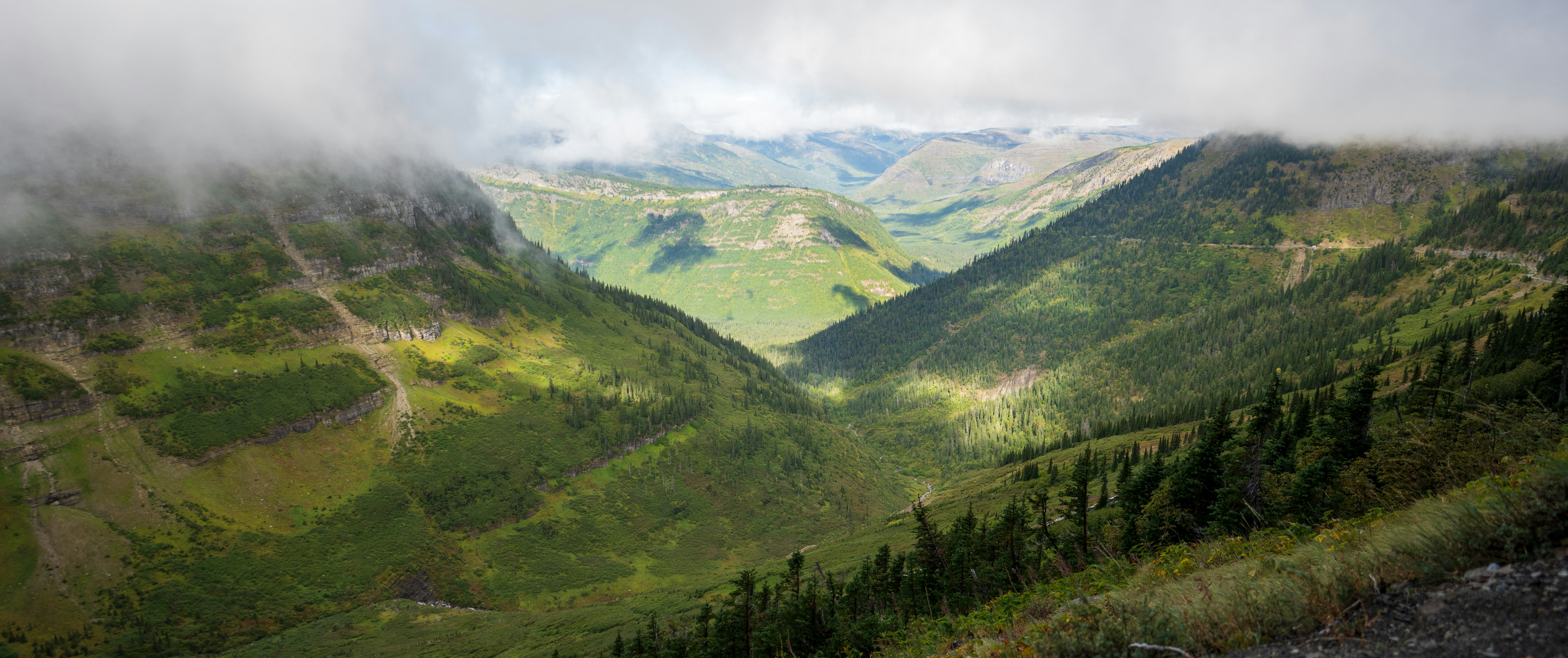 A deep green valley between mountain slopes partially obscured by low hanging clouds