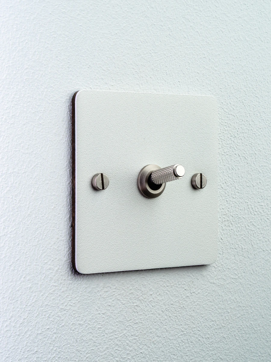 A single brass toggle switch on a white plate
