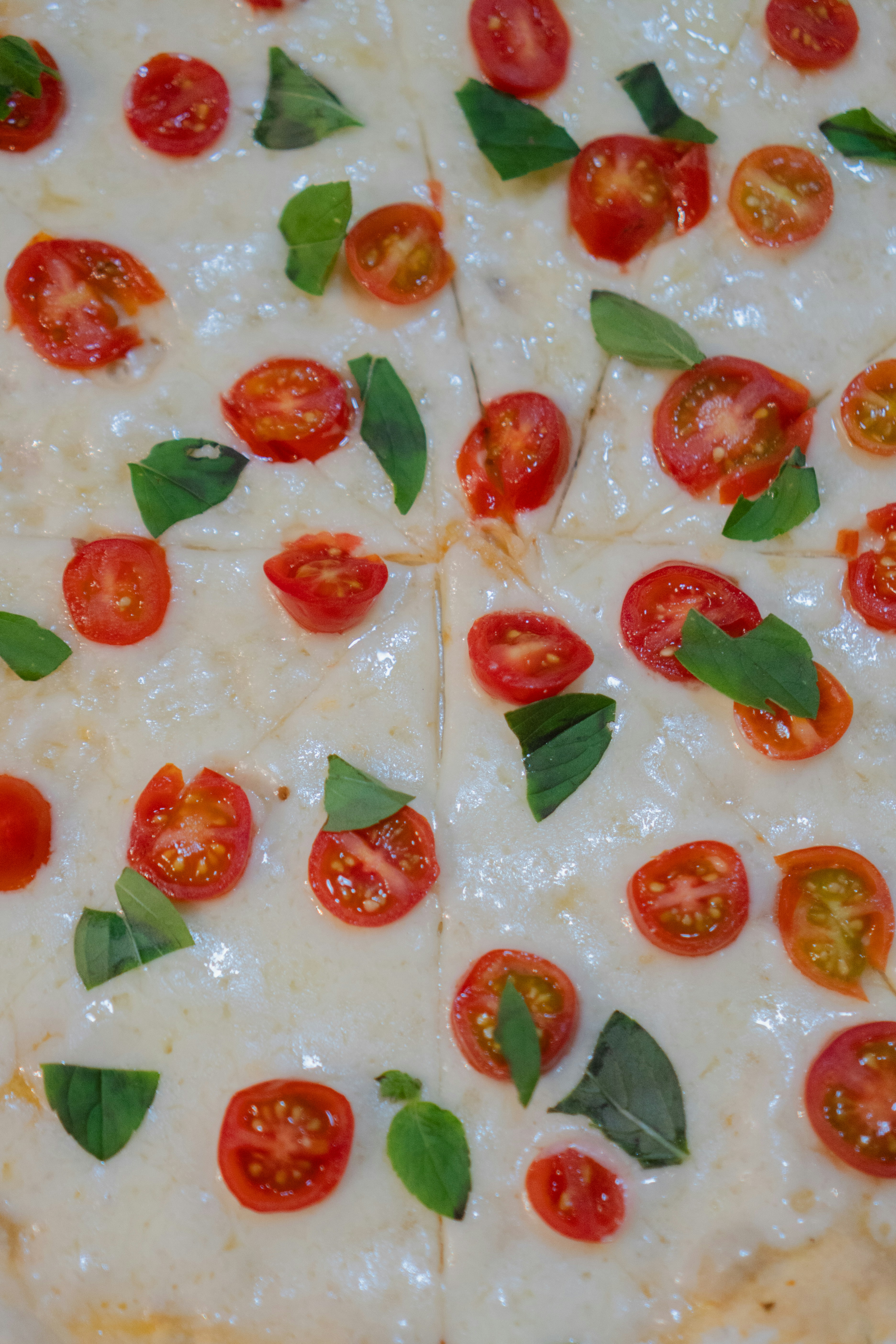 A sliced pizza topped with melted cheese, cherry tomatoes, and fresh basil leaves