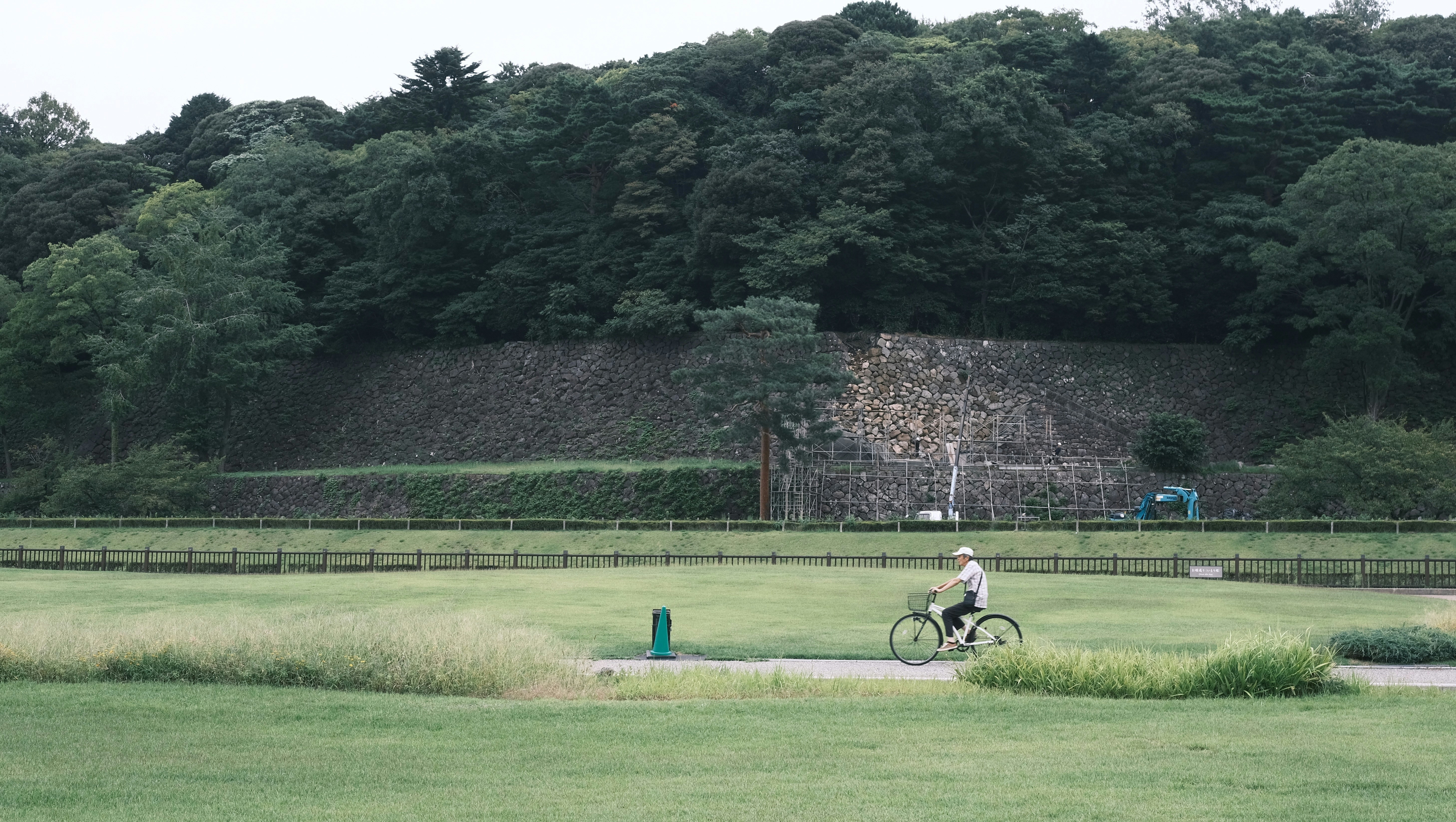 Person cycling on a path through a green field