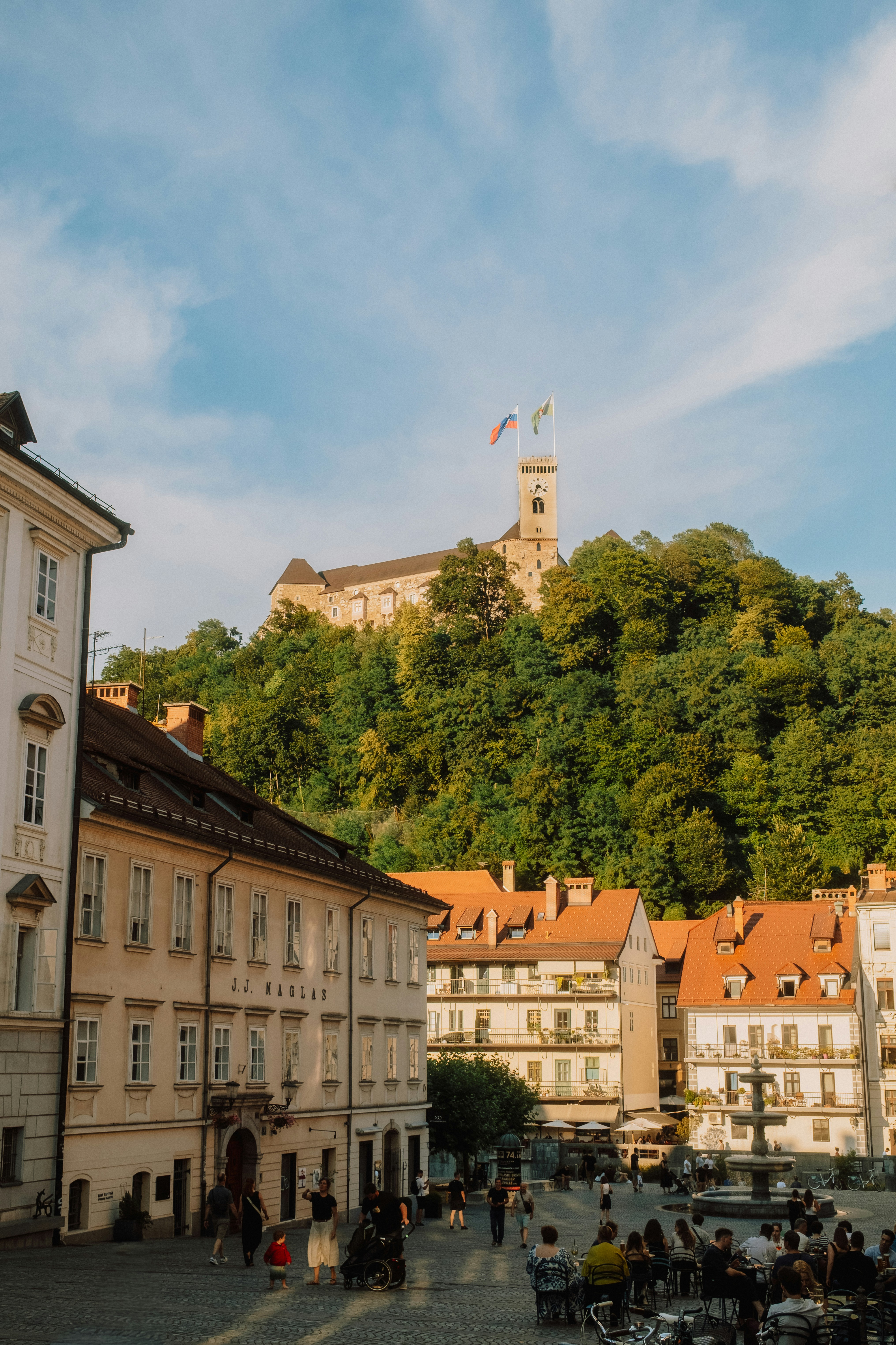 Ljubljana Castle on a forested hill above a town square with people
