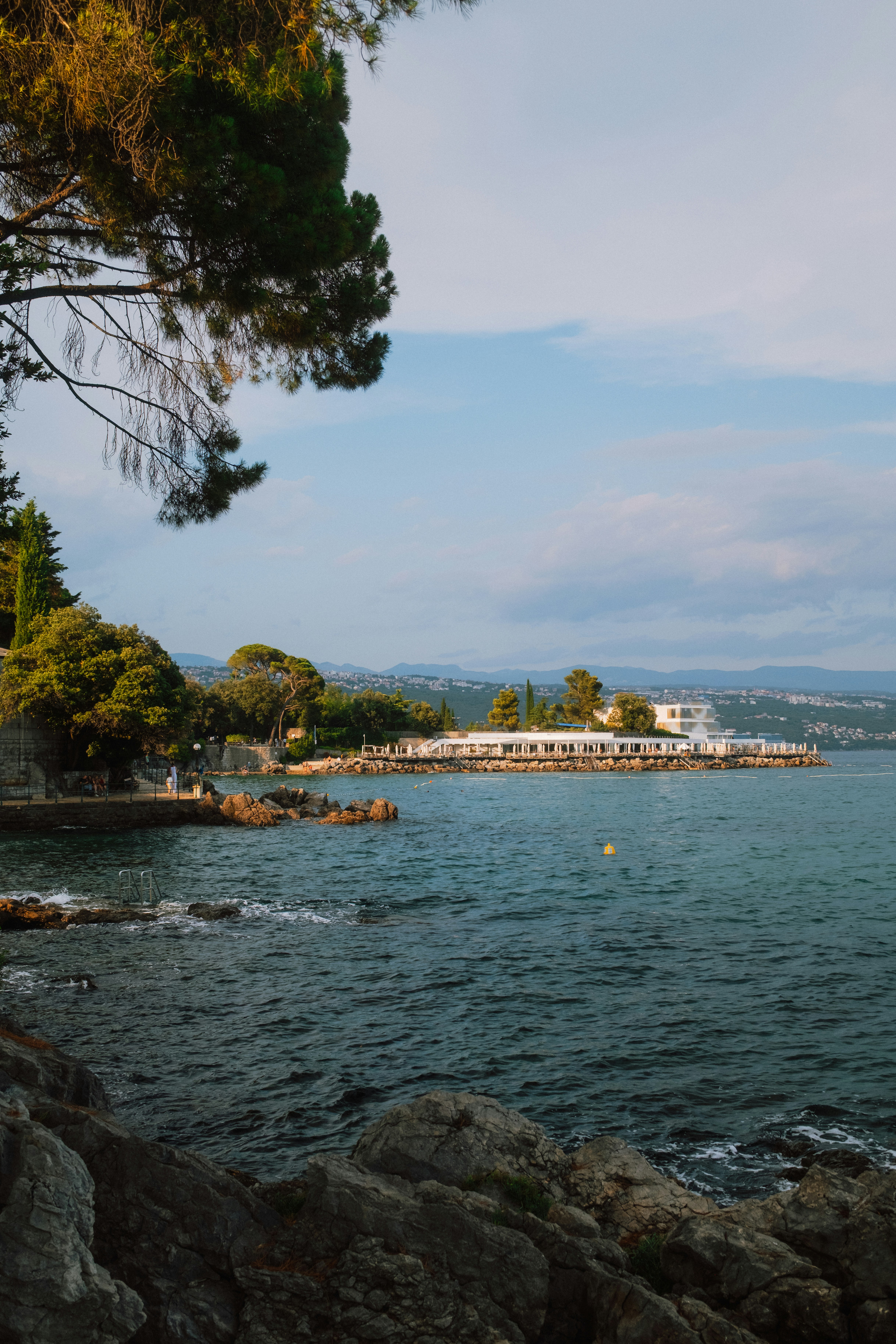 A rocky coastline with trees and a white building overlooking the sea