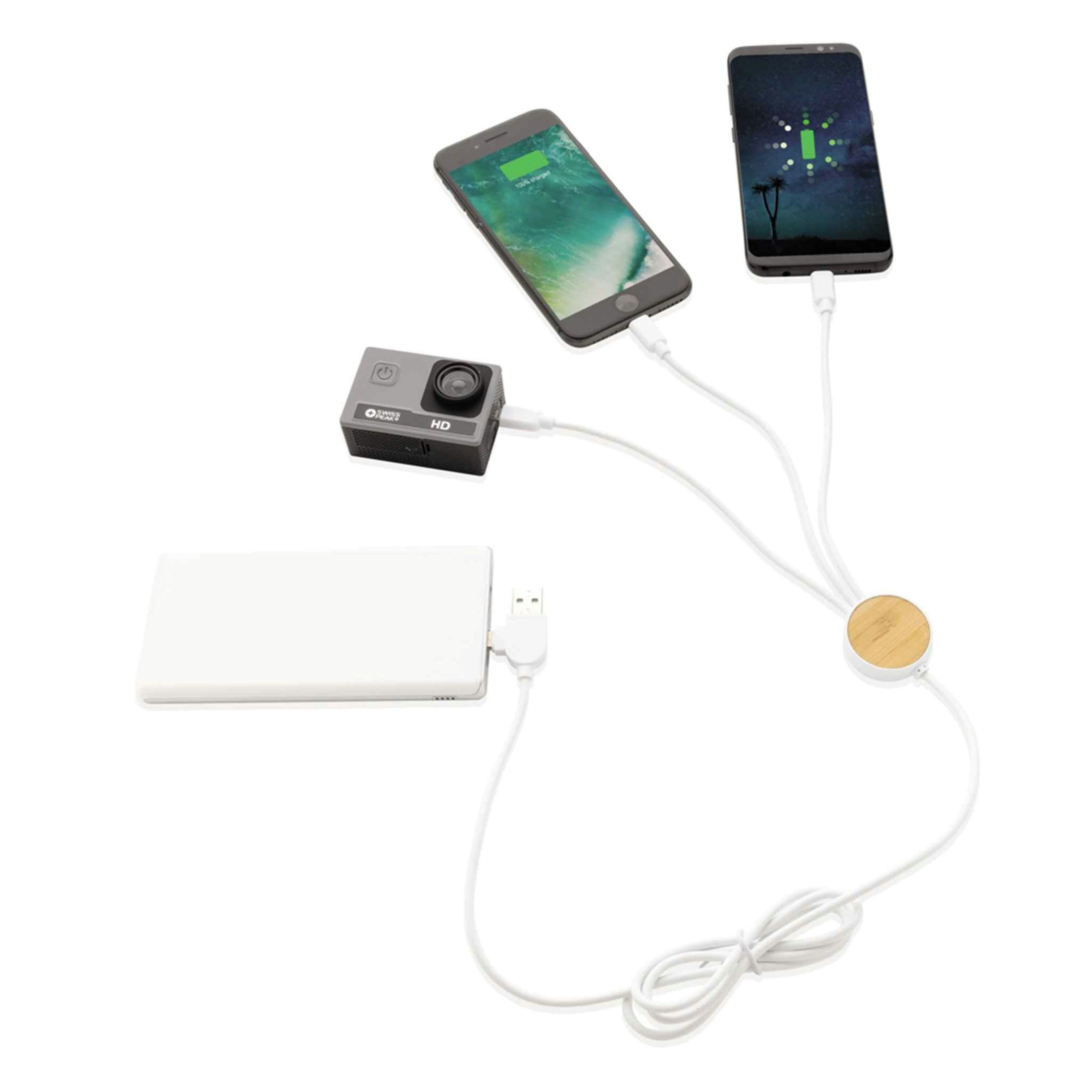 Two smartphones and an action camera charging from a white power bank