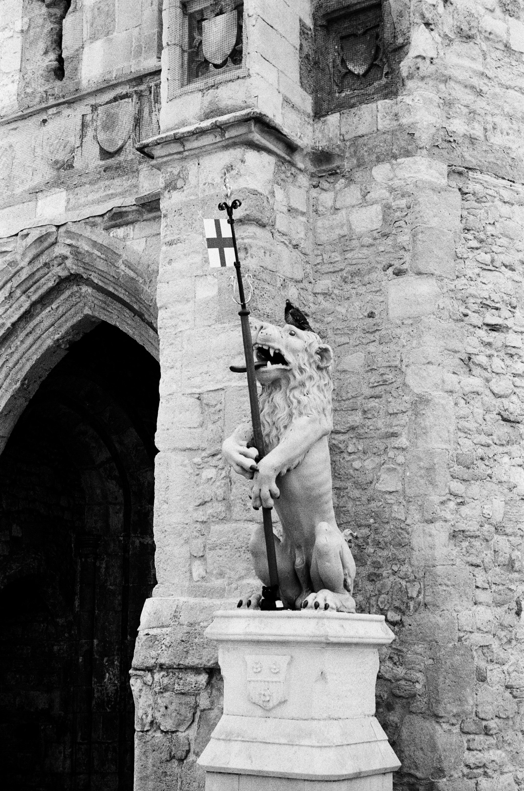 A stone lion statue holding a flag with a bird on its head