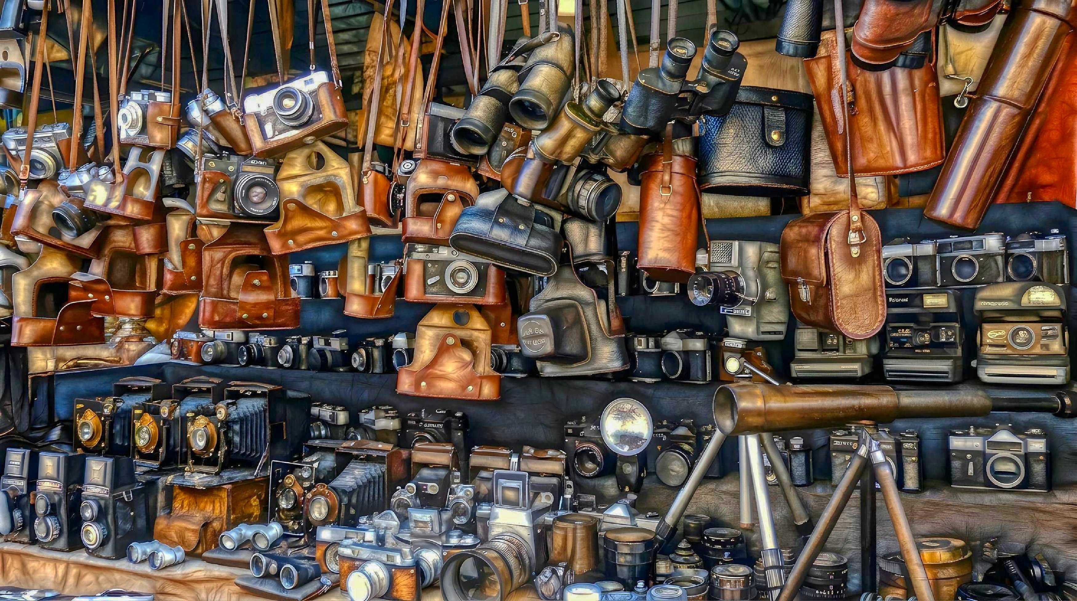 Eine Sammlung von Vintage-Kameras, Ledertaschen und Ferngläsern, die in Regalen ausgestellt sind