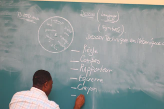 A person writing on a green chalkboard with white chalk in a classroom