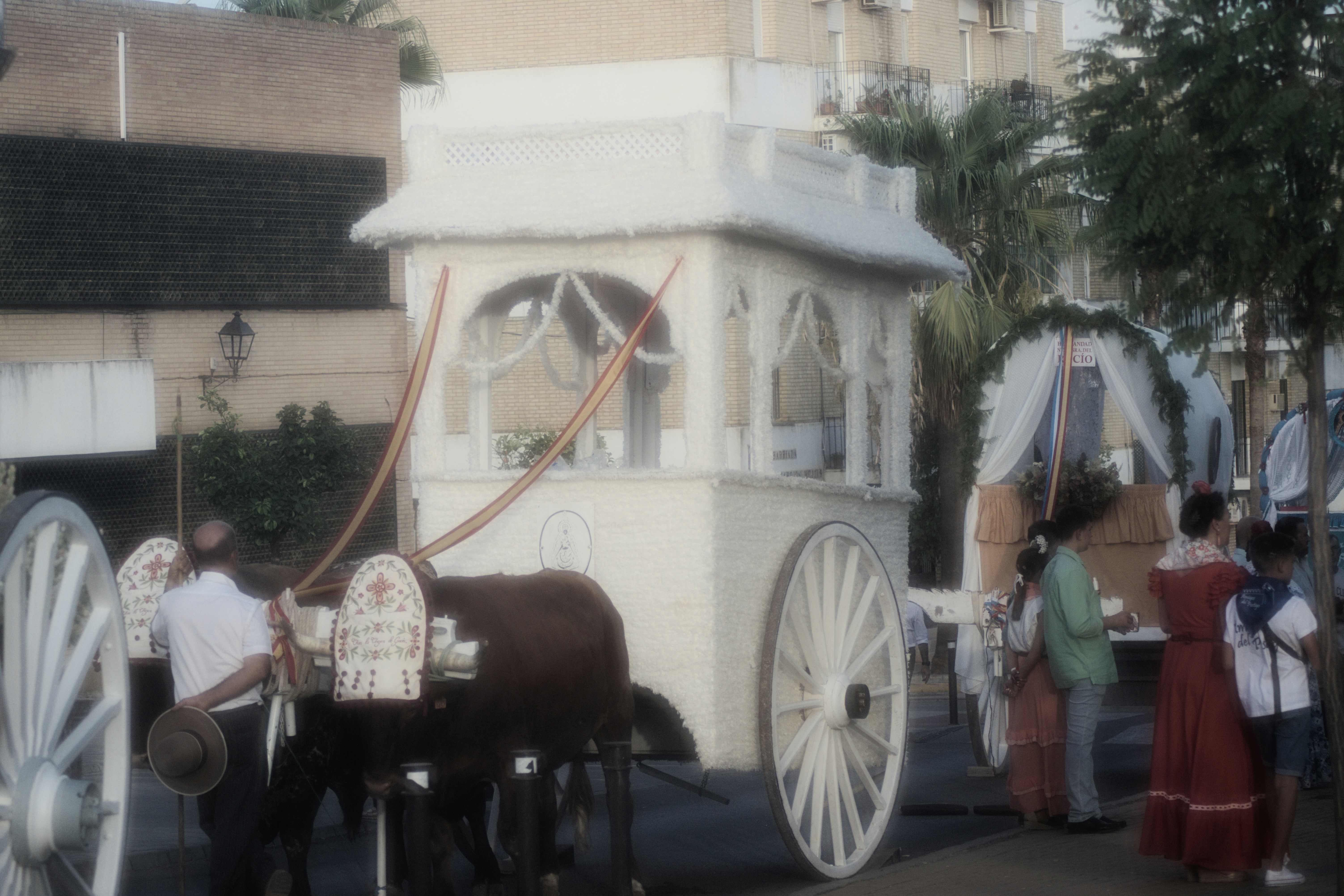 A white horse-drawn carriage with ornate wheels during a street procession in Spain