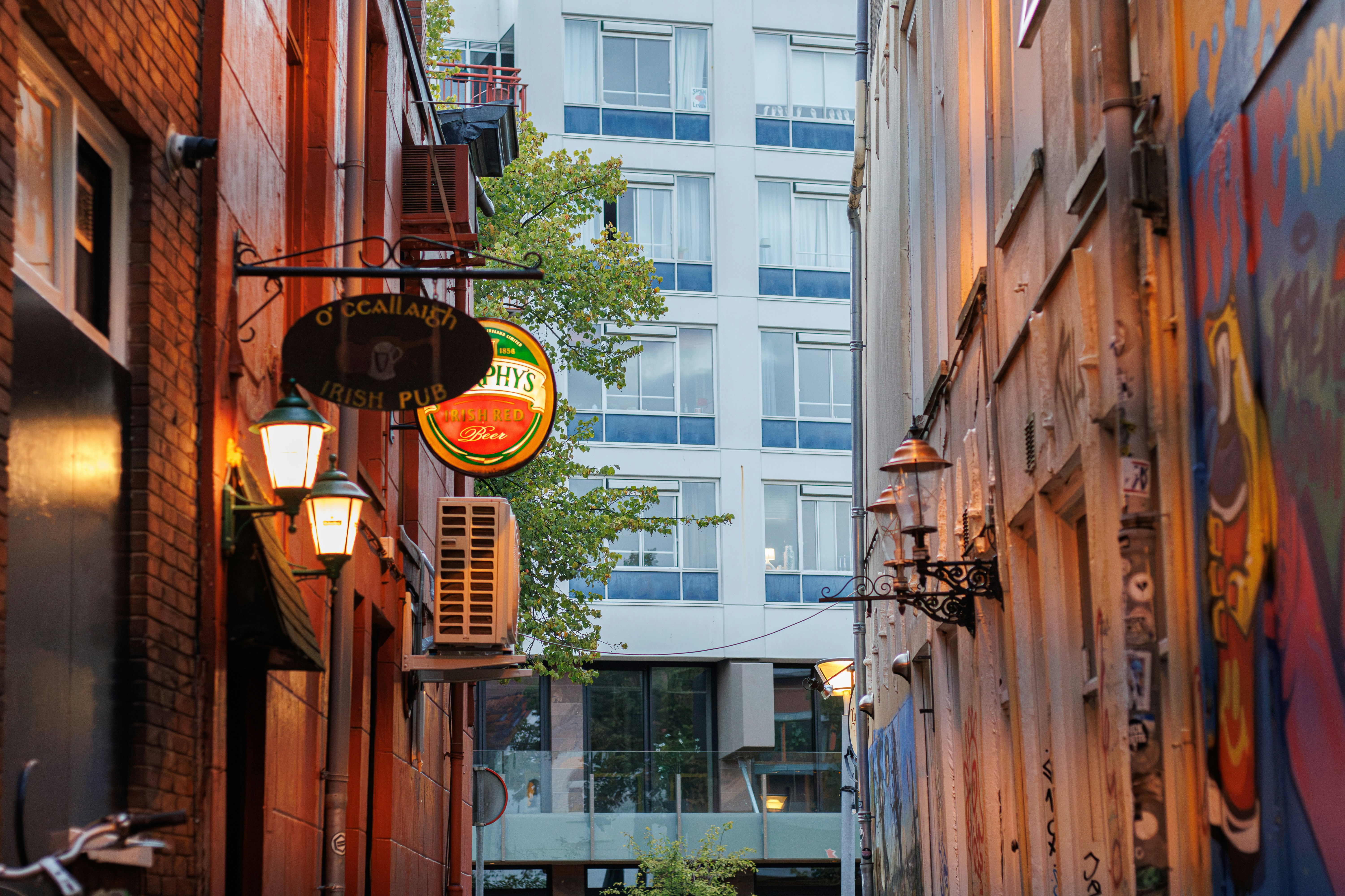 An alleyway with an Irish pub sign and glowing lanterns between brick buildings