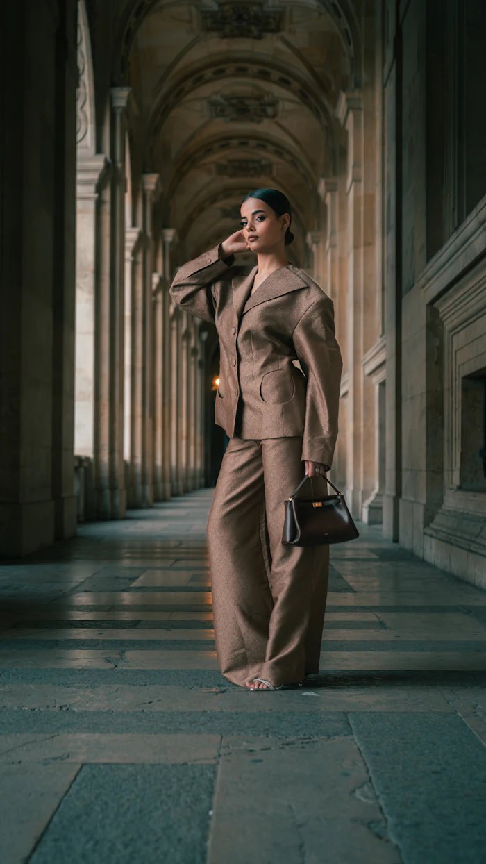 Femme élégante en tailleur camel, sac à main à la main, sous une colonnade en pierre