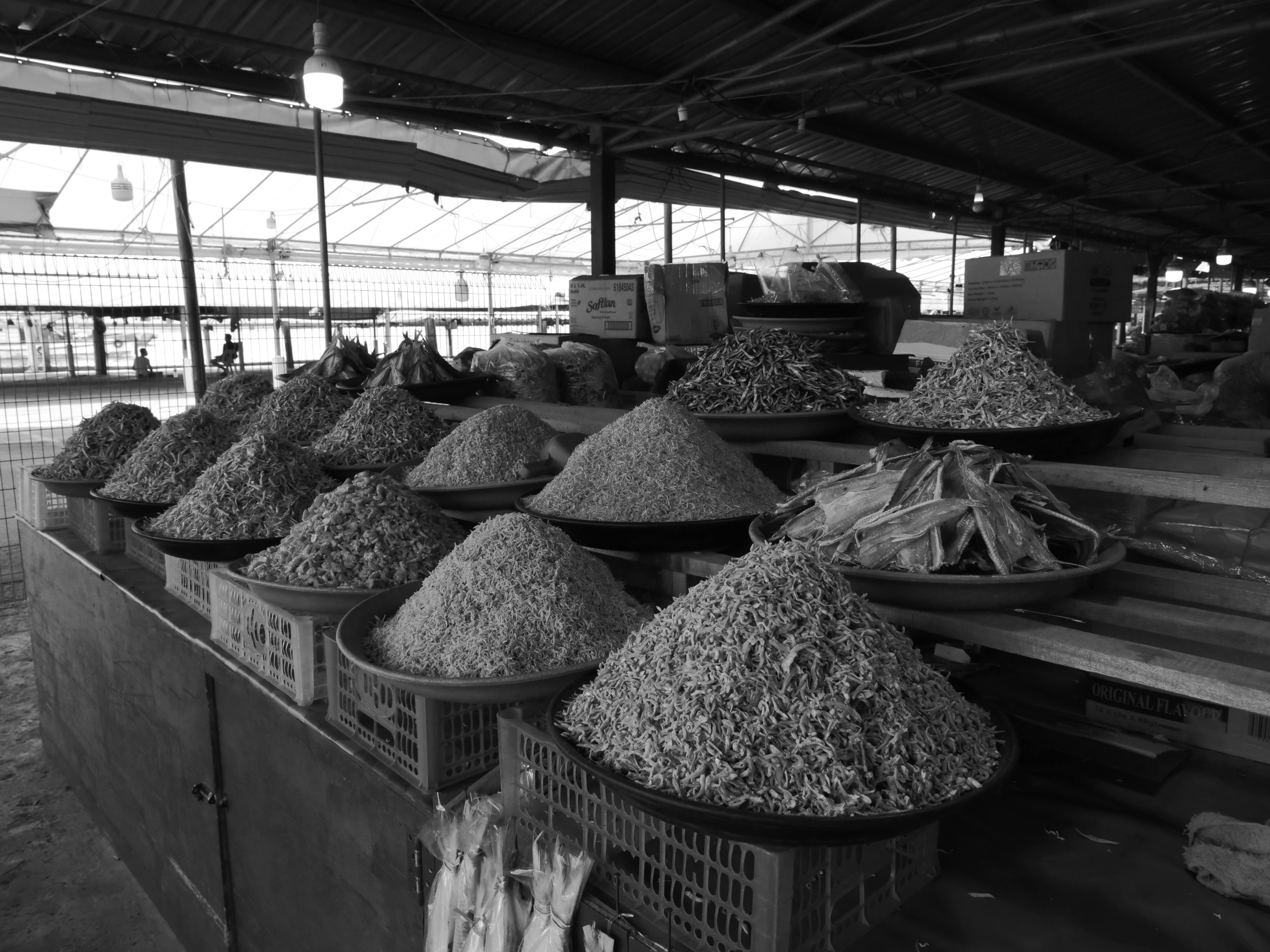 Des tas coniques de poissons et crevettes séchés sur des plateaux dans un marché en plein air