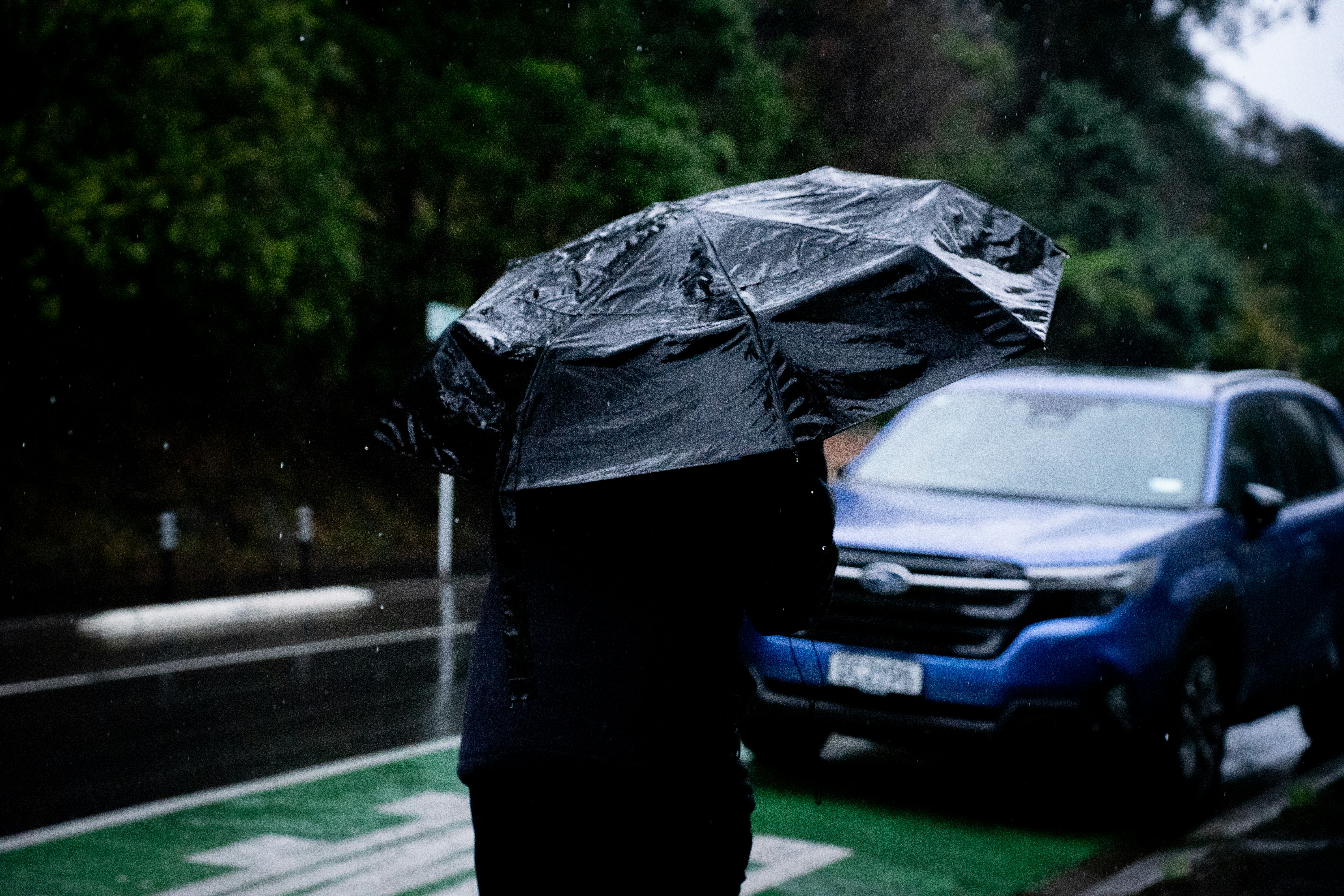 Person with black umbrella beside a blue car