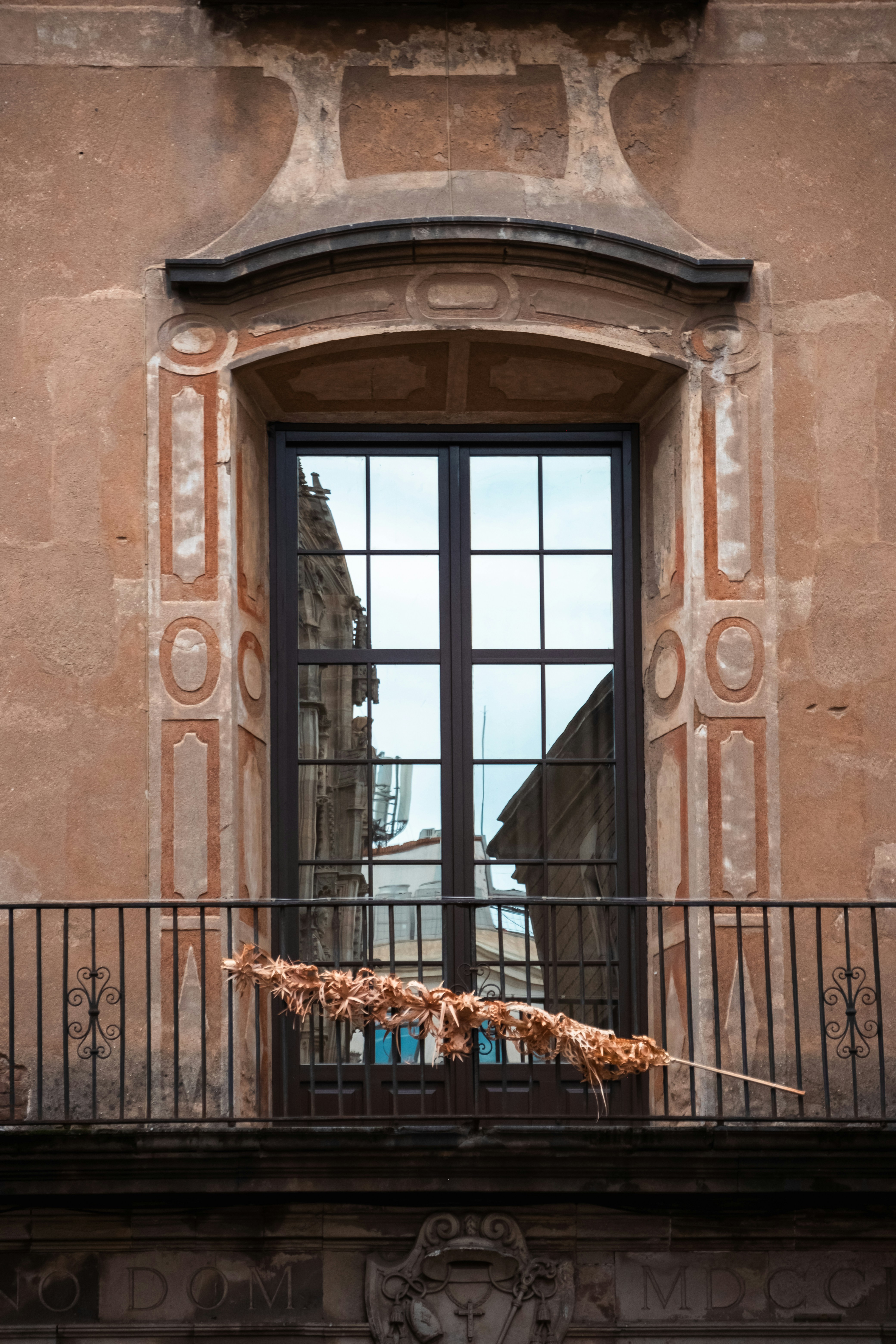 A tall window with a reflection of buildings and a dried palm frond