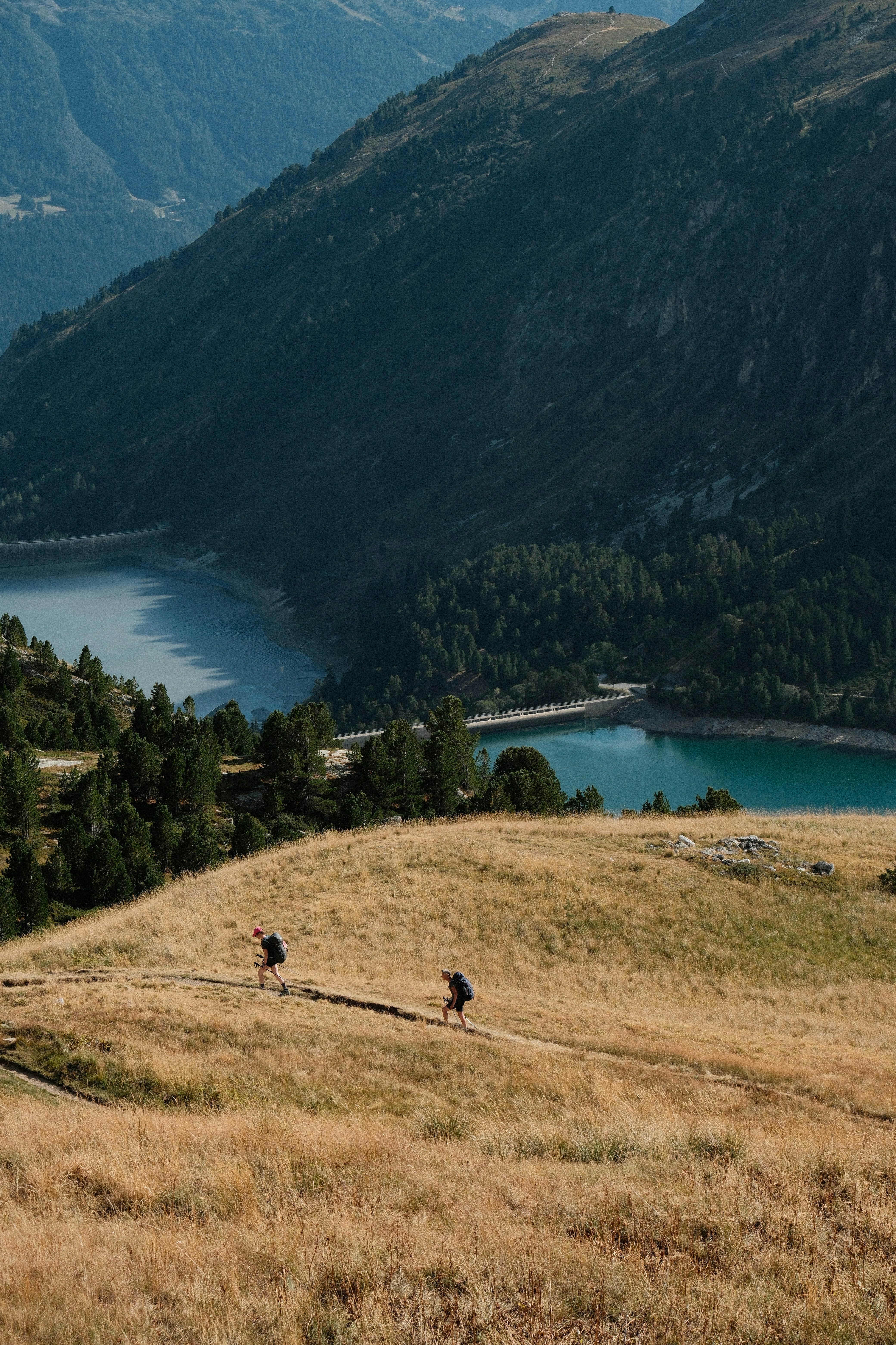 Two hikers with backpacks walking on a grassy mountain trail above a lake