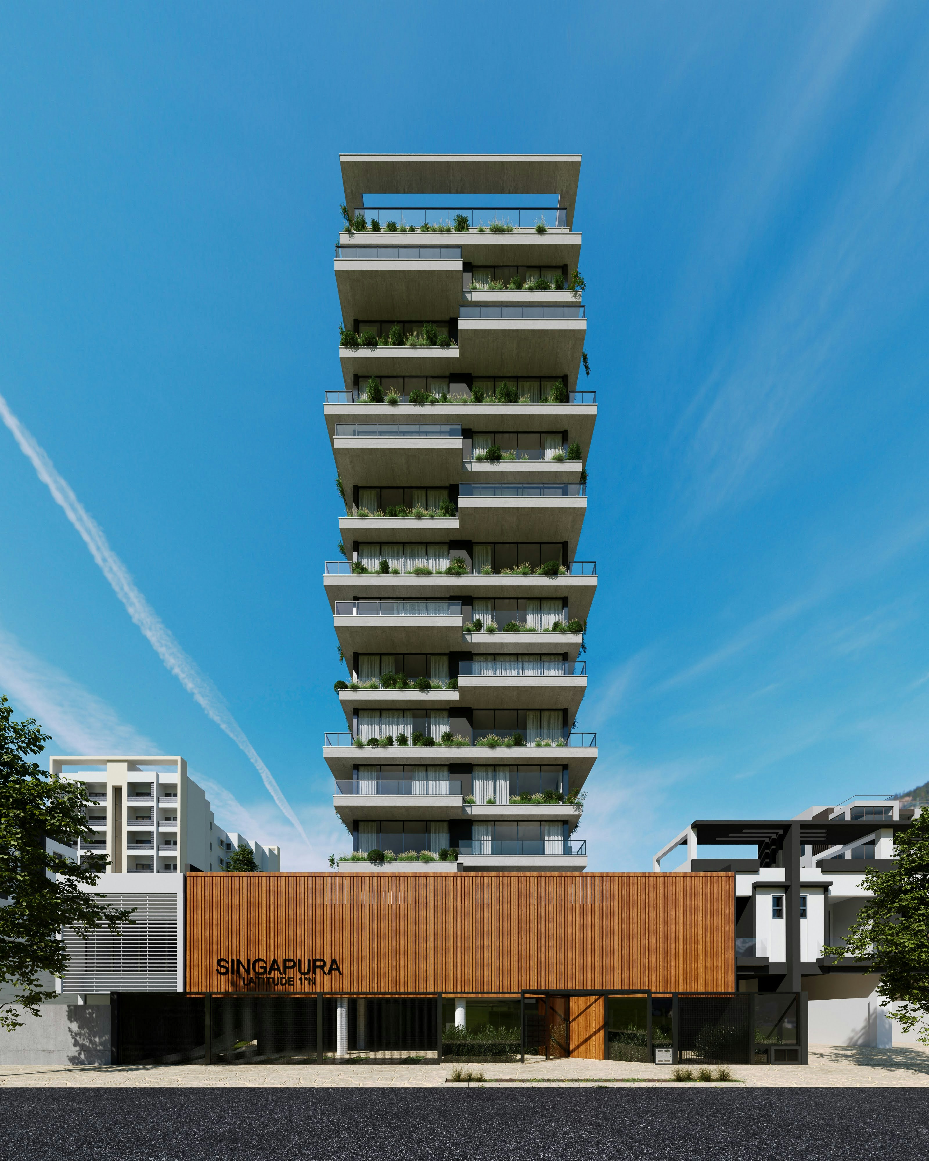 Gedung apartemen modern bertingkat tinggi dengan balkon bertingkat dan hijaunya di Singapura