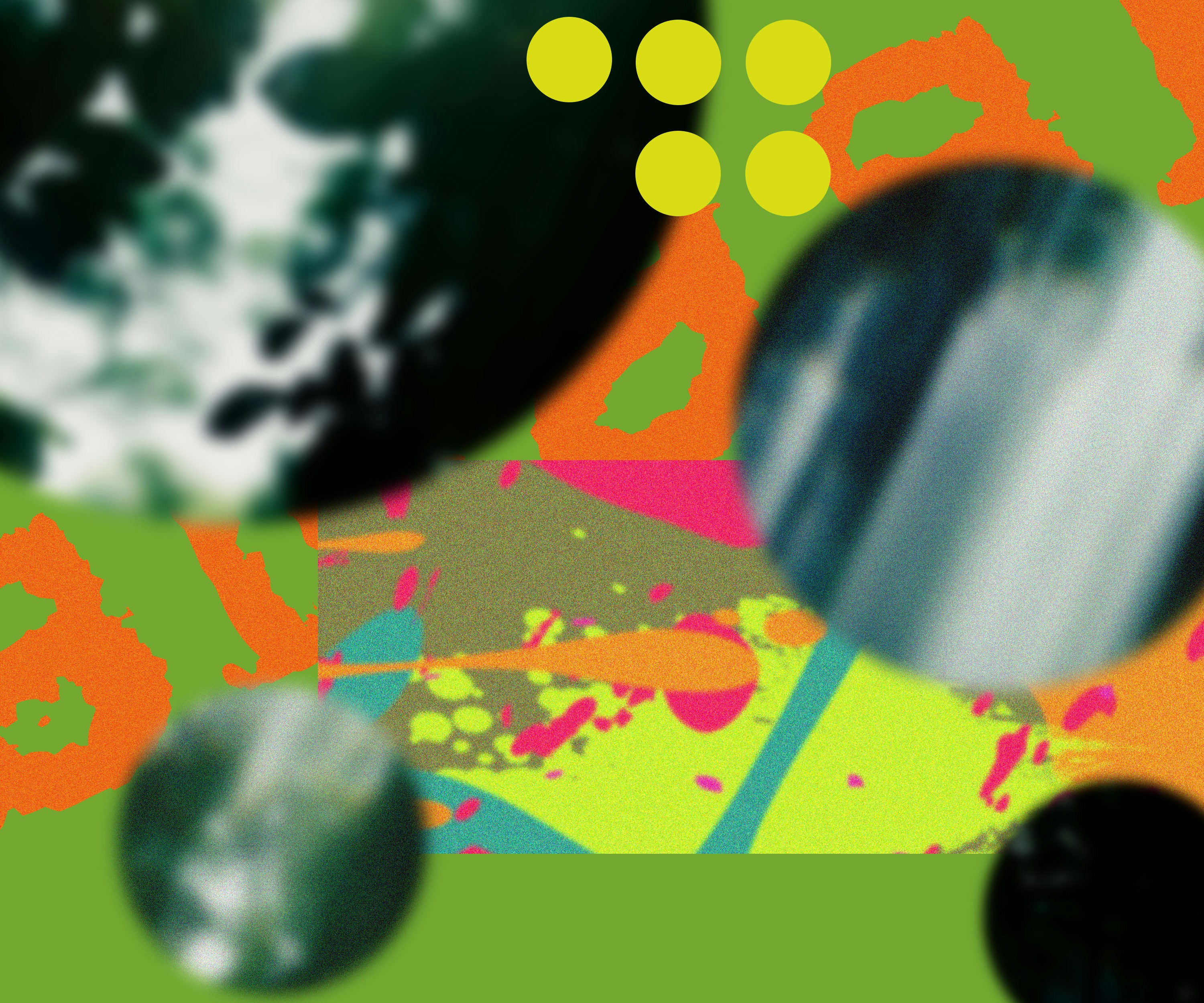 Abstract collage with green, orange, and pink shapes and dark circular forms