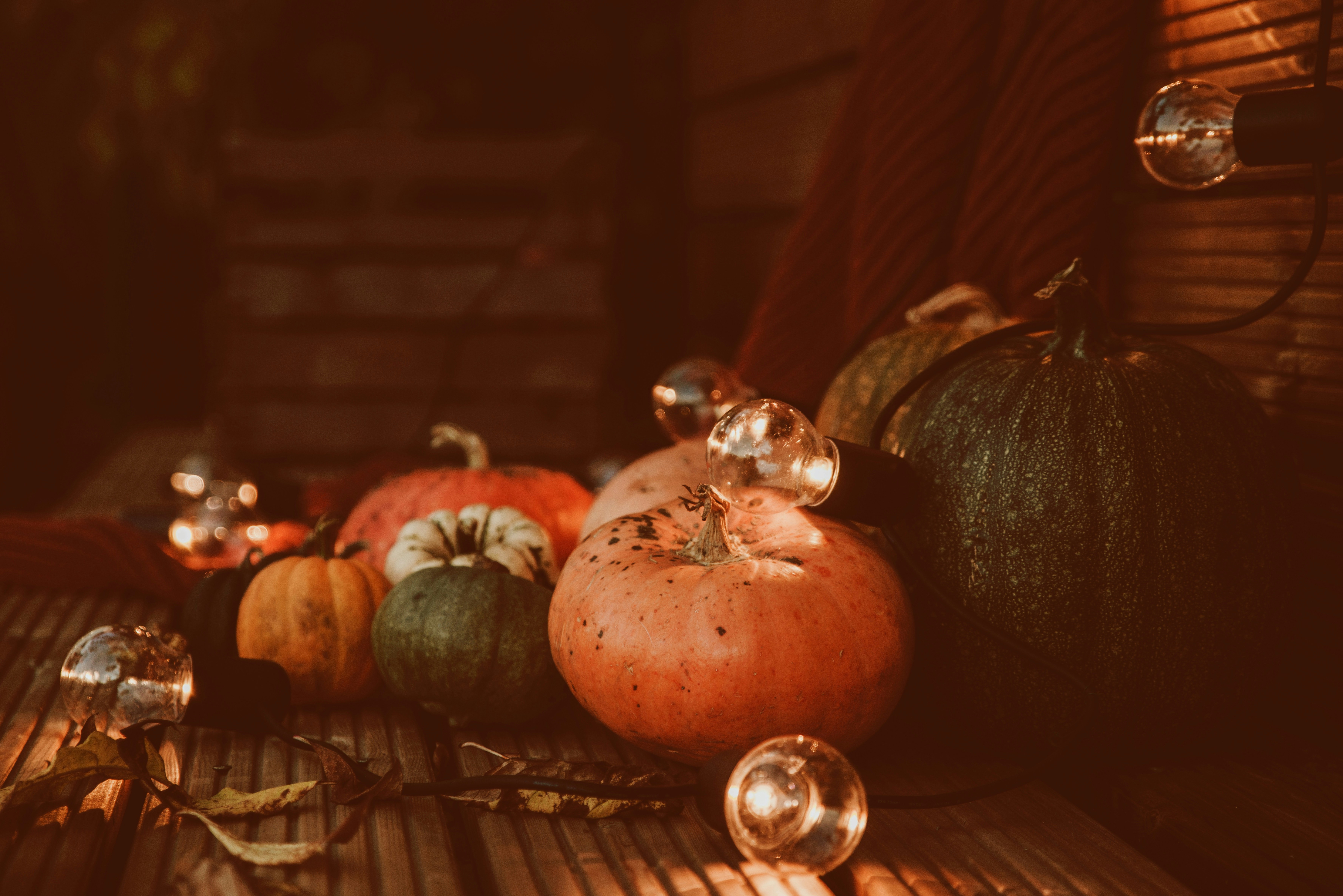 Assorted pumpkins and gourds on a wooden surface with glowing string lights
