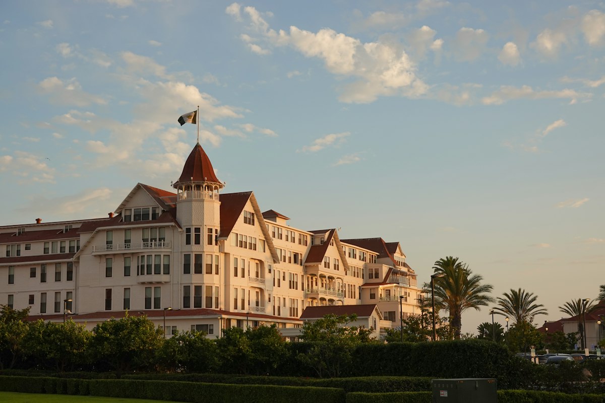 The Hotel del Coronado and its red turret under a blue sky