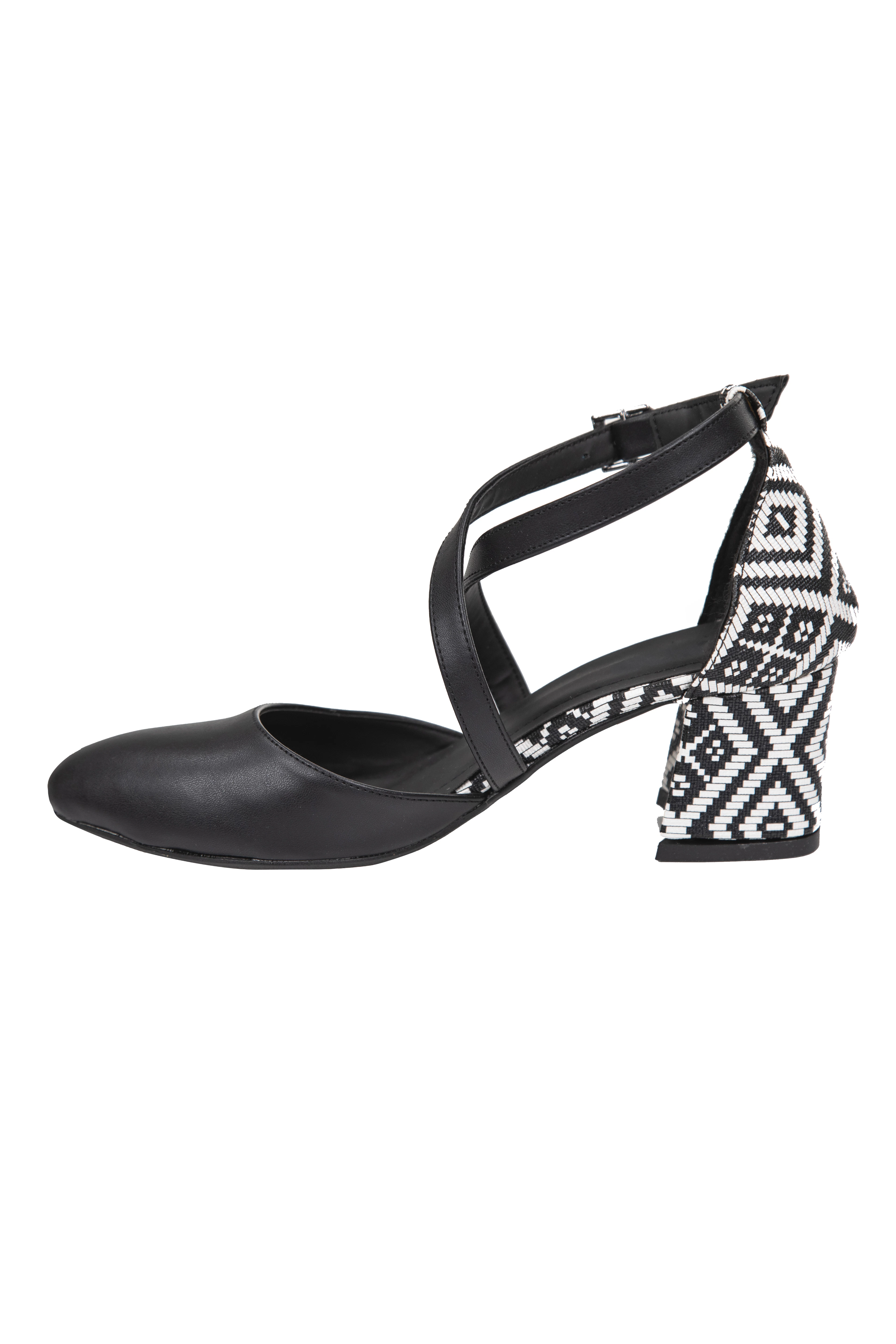 Black leather pump with a geometric-print block heel and crossover strap
