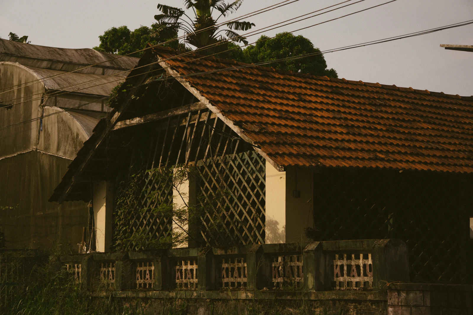 A house with a terracotta-tile roof and lattice walls among trees
