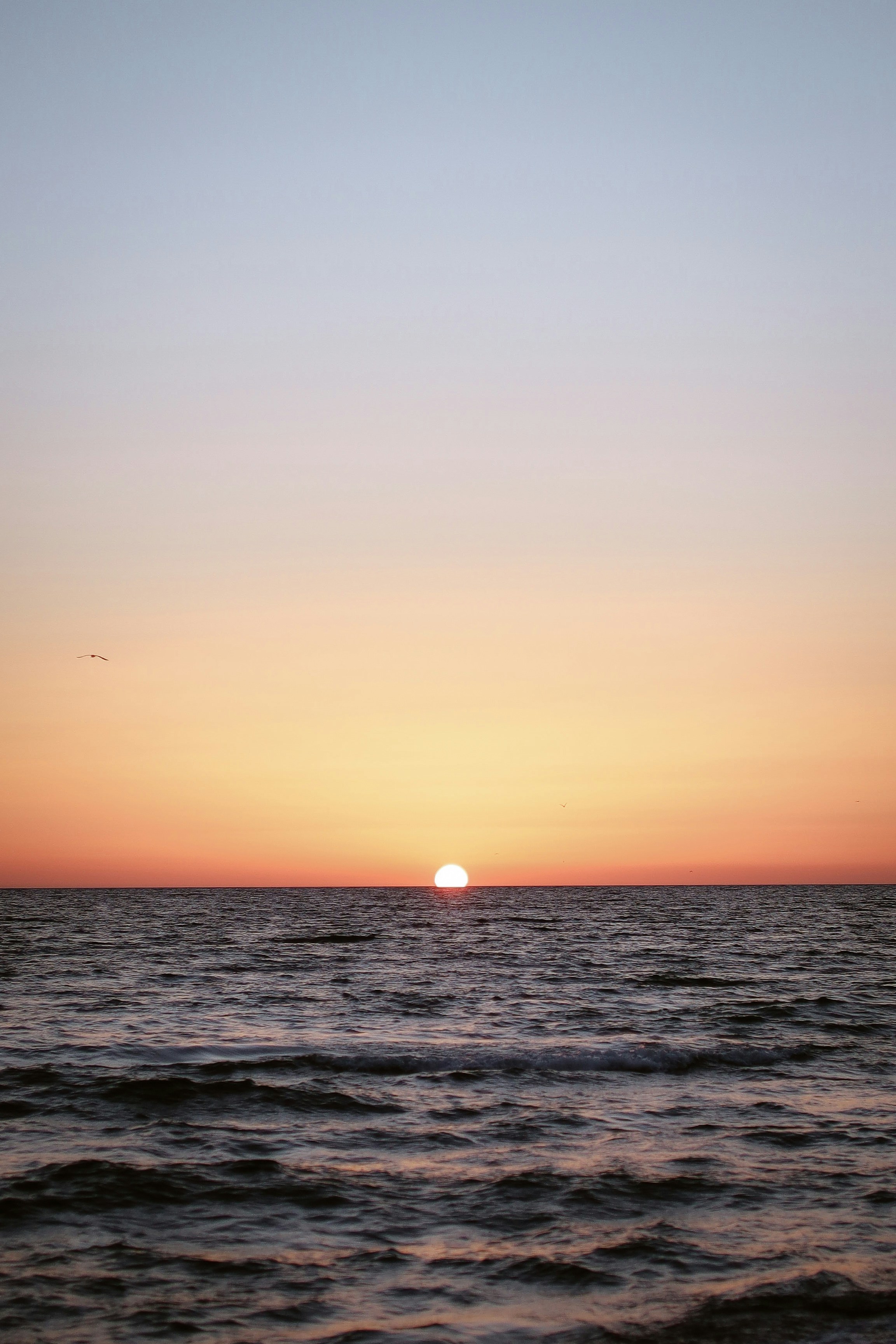 Low sun on the horizon above dark rippling ocean water