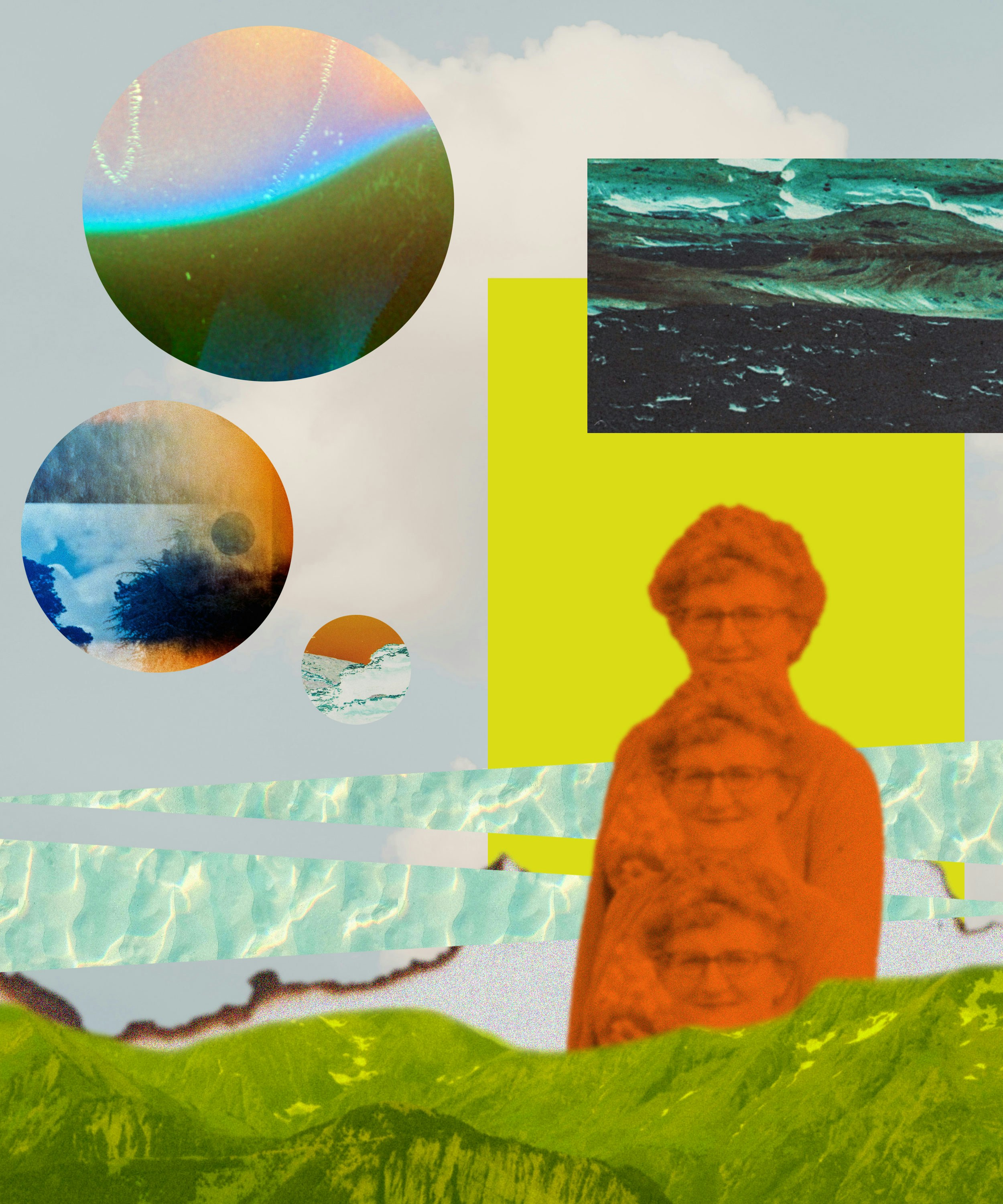 A collage featuring an orange silhouette of a person, green mountains, and abstract circles