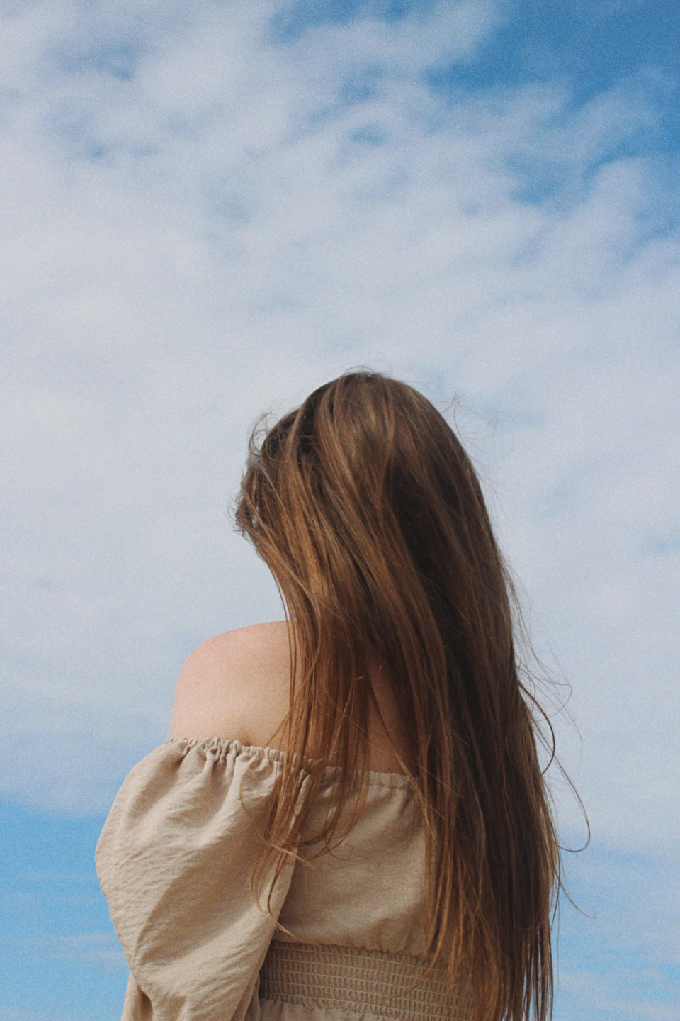 A woman with long hair seen from behind against the sky