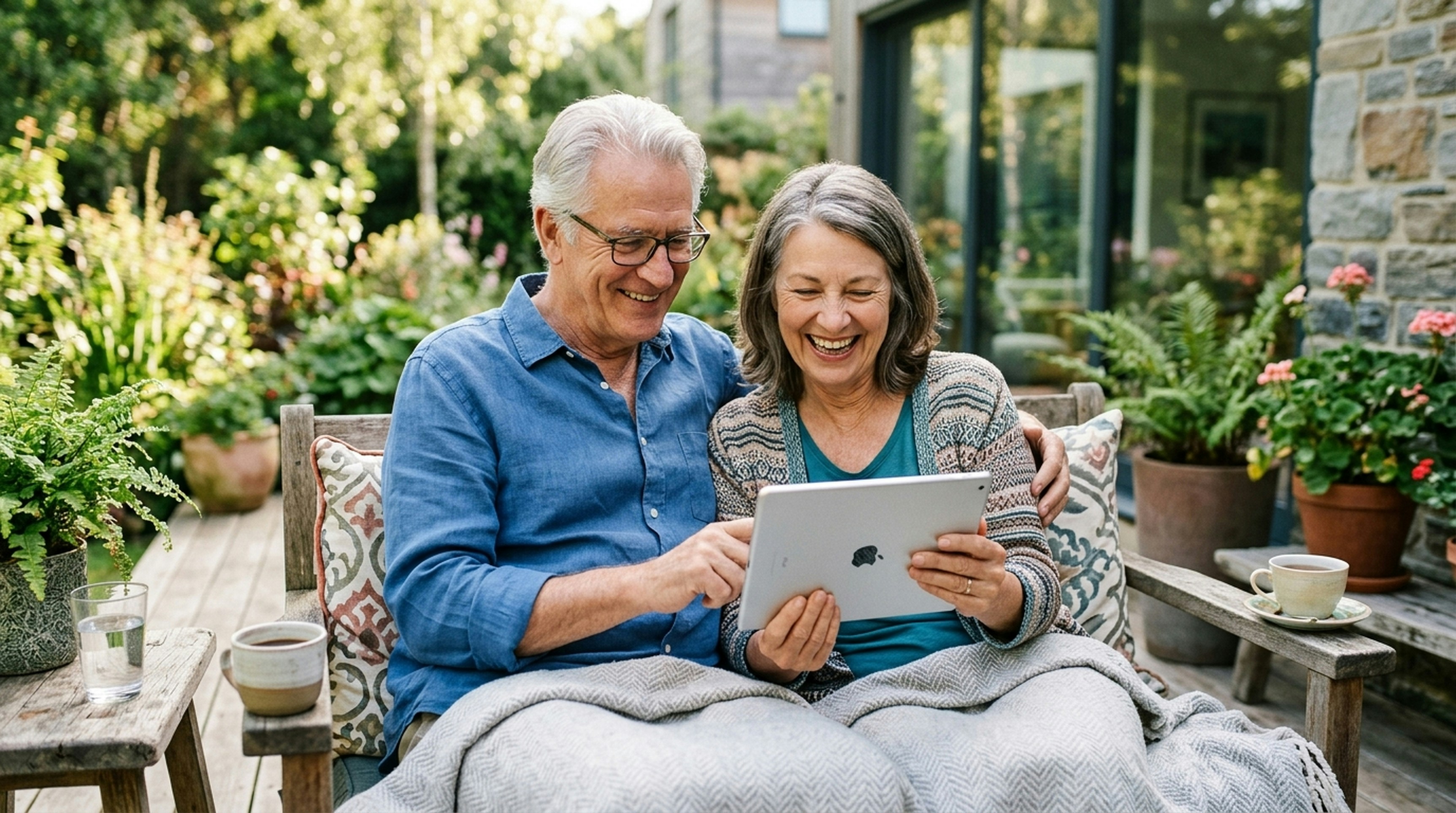 Caring female doctor in white coat consulting smiling senior woman with digital tablet