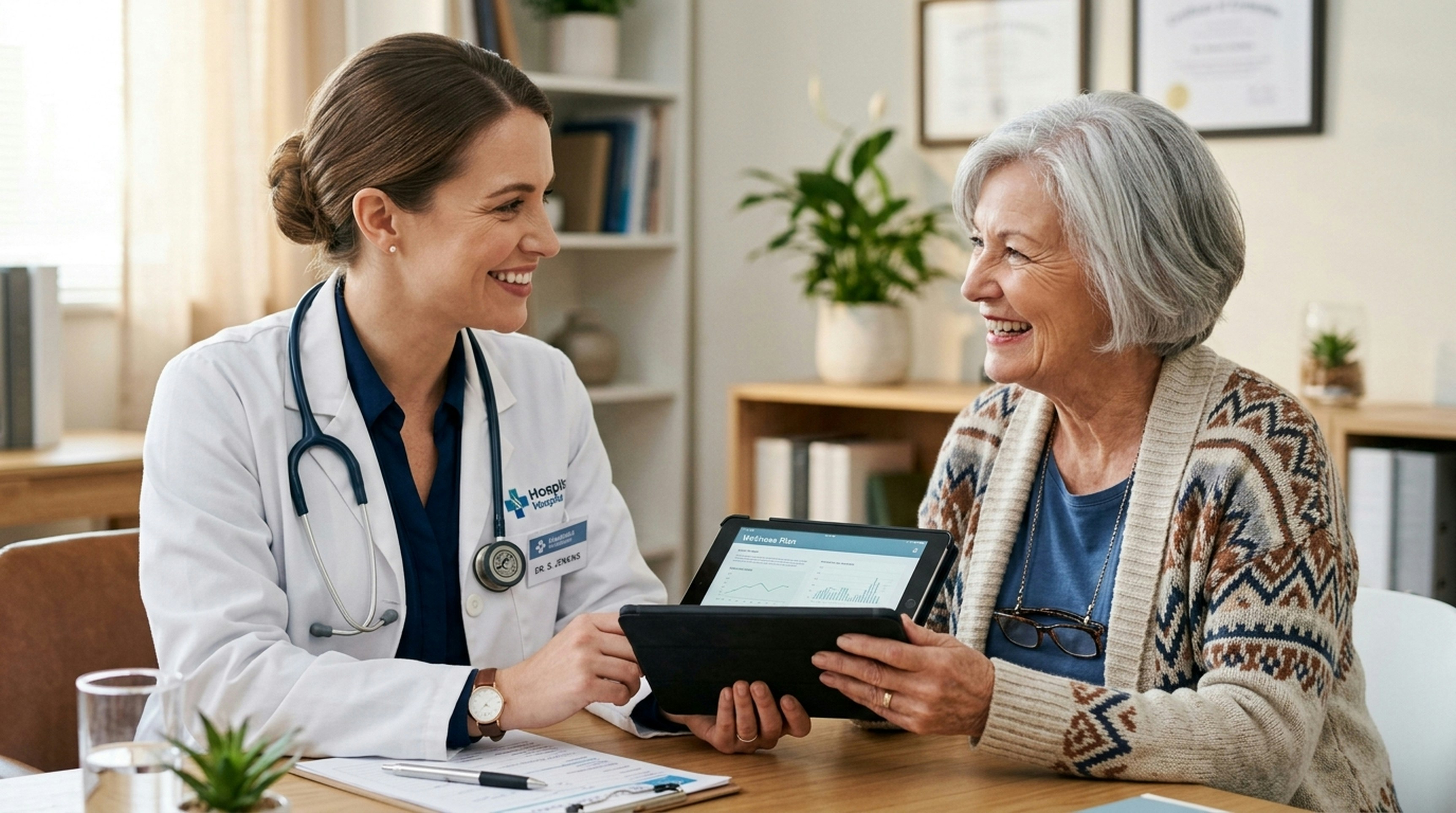 Healthcare specialist in clinic explaining capped prescription benefits to senior man