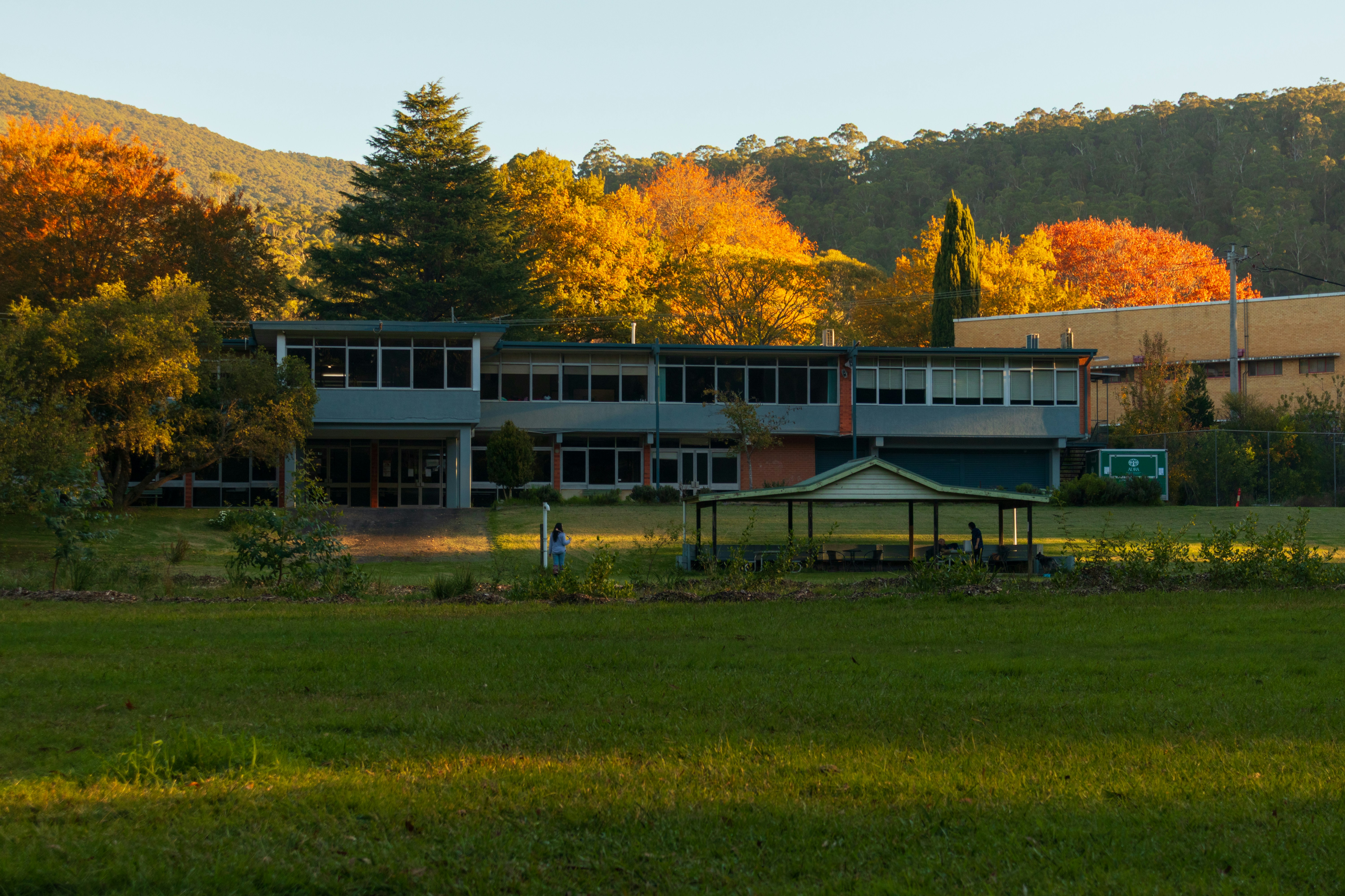 School building behind a sports field and autumn trees