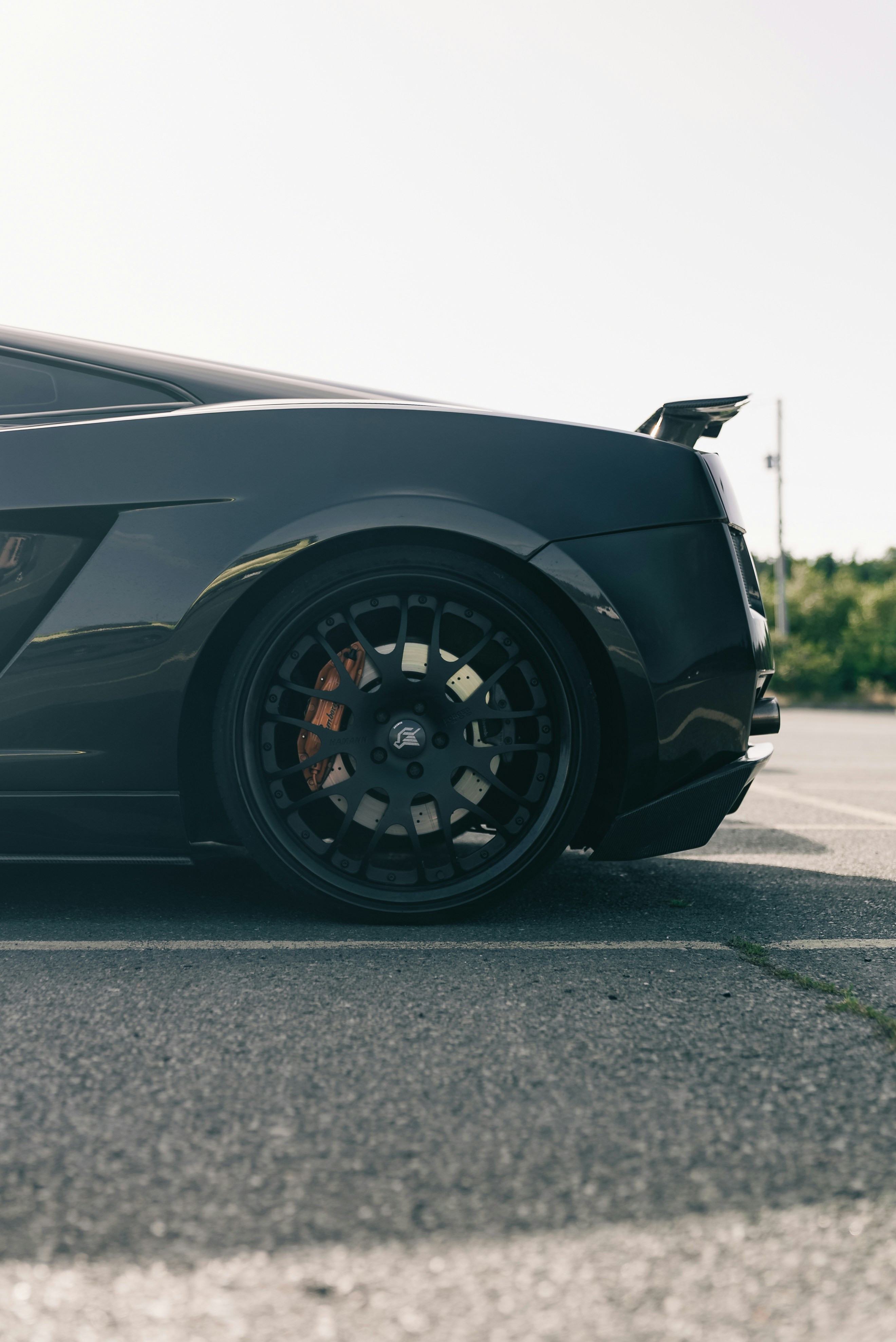 Rear wheel and fender of a dark grey sports car on asphalt