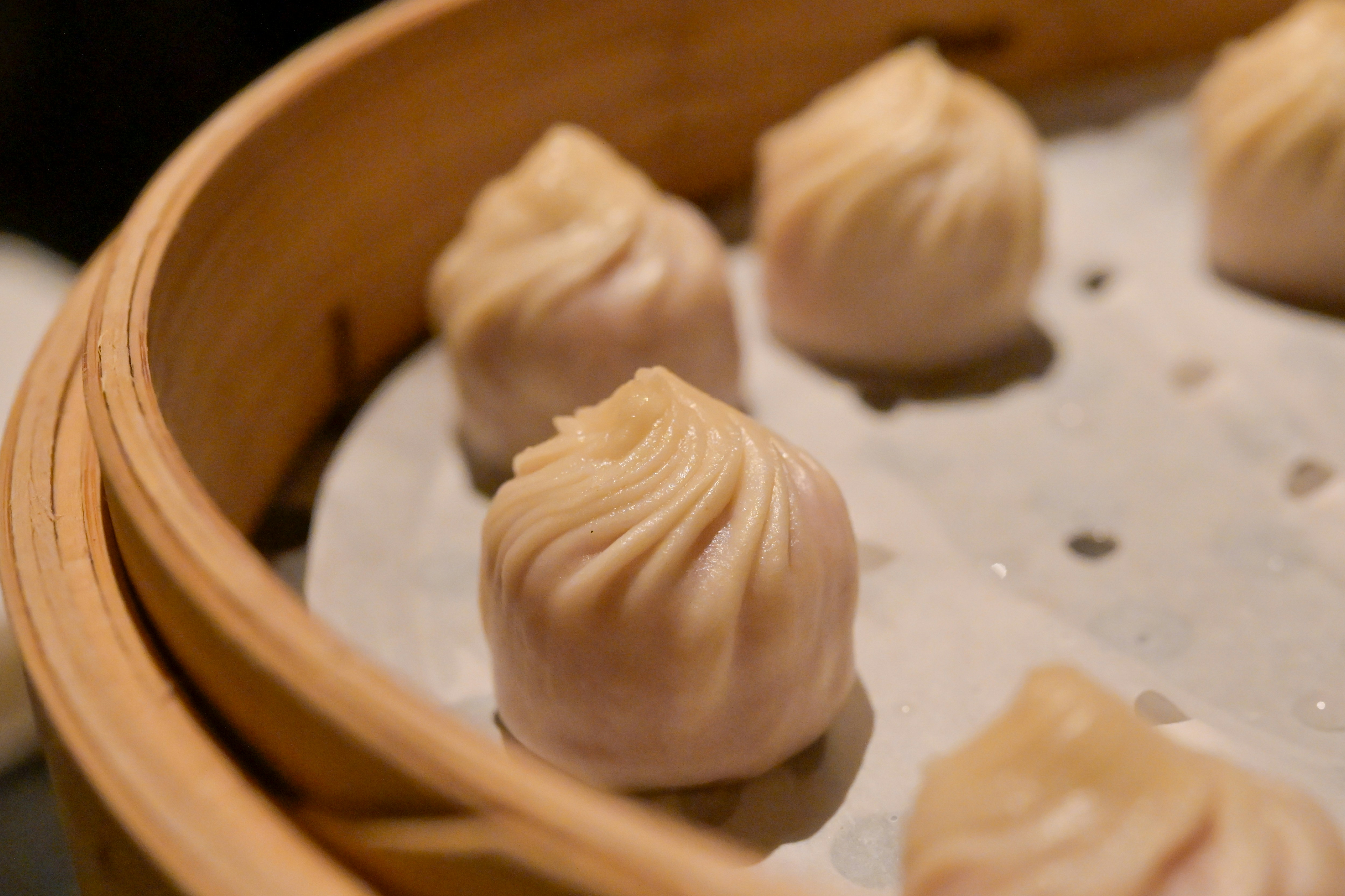 Soup dumplings in a bamboo steamer close up
