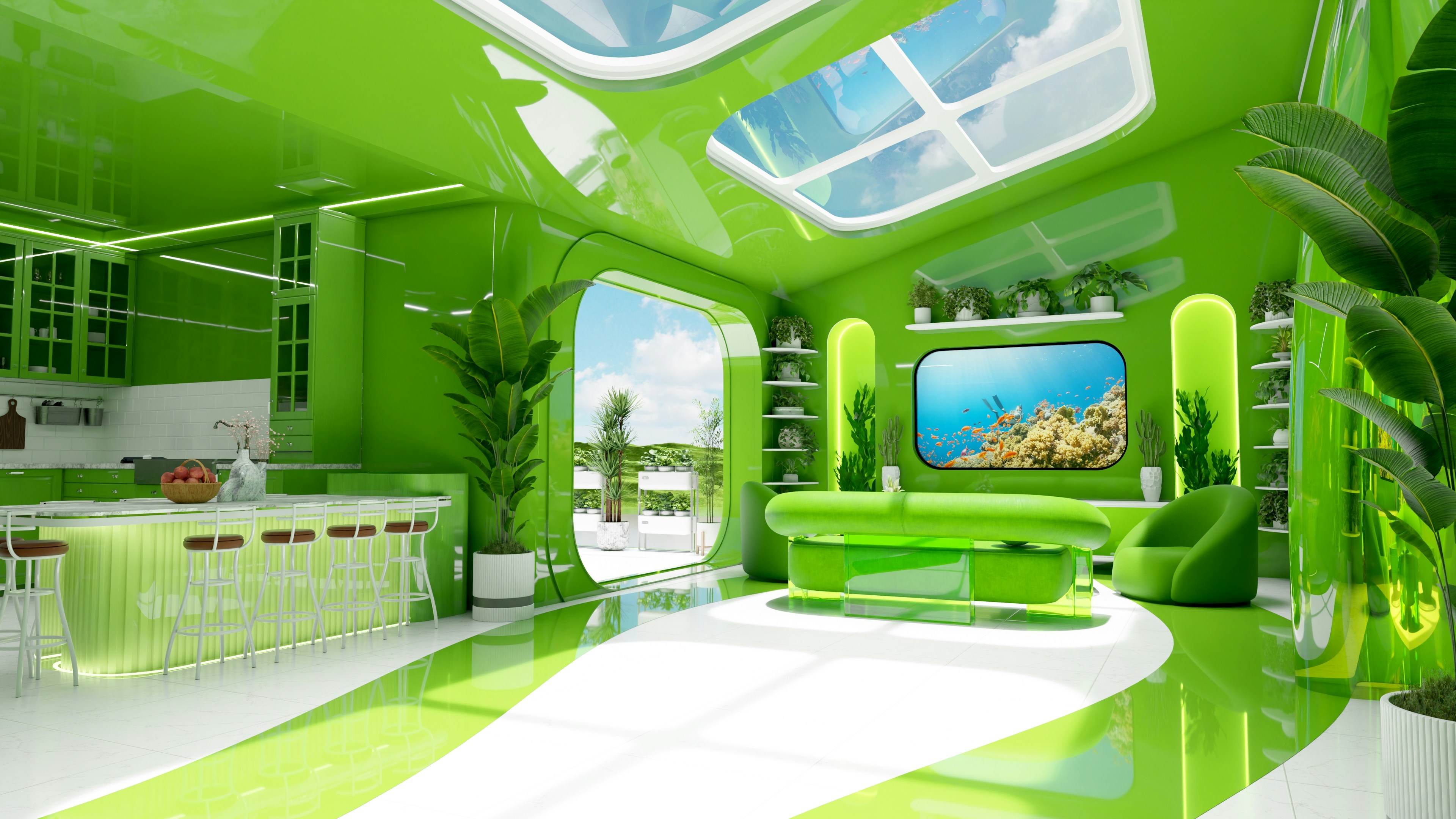 A bright green modern kitchen and living area with potted plants and aquarium