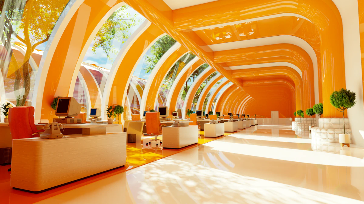 Bright office with curved arches and rows of desks