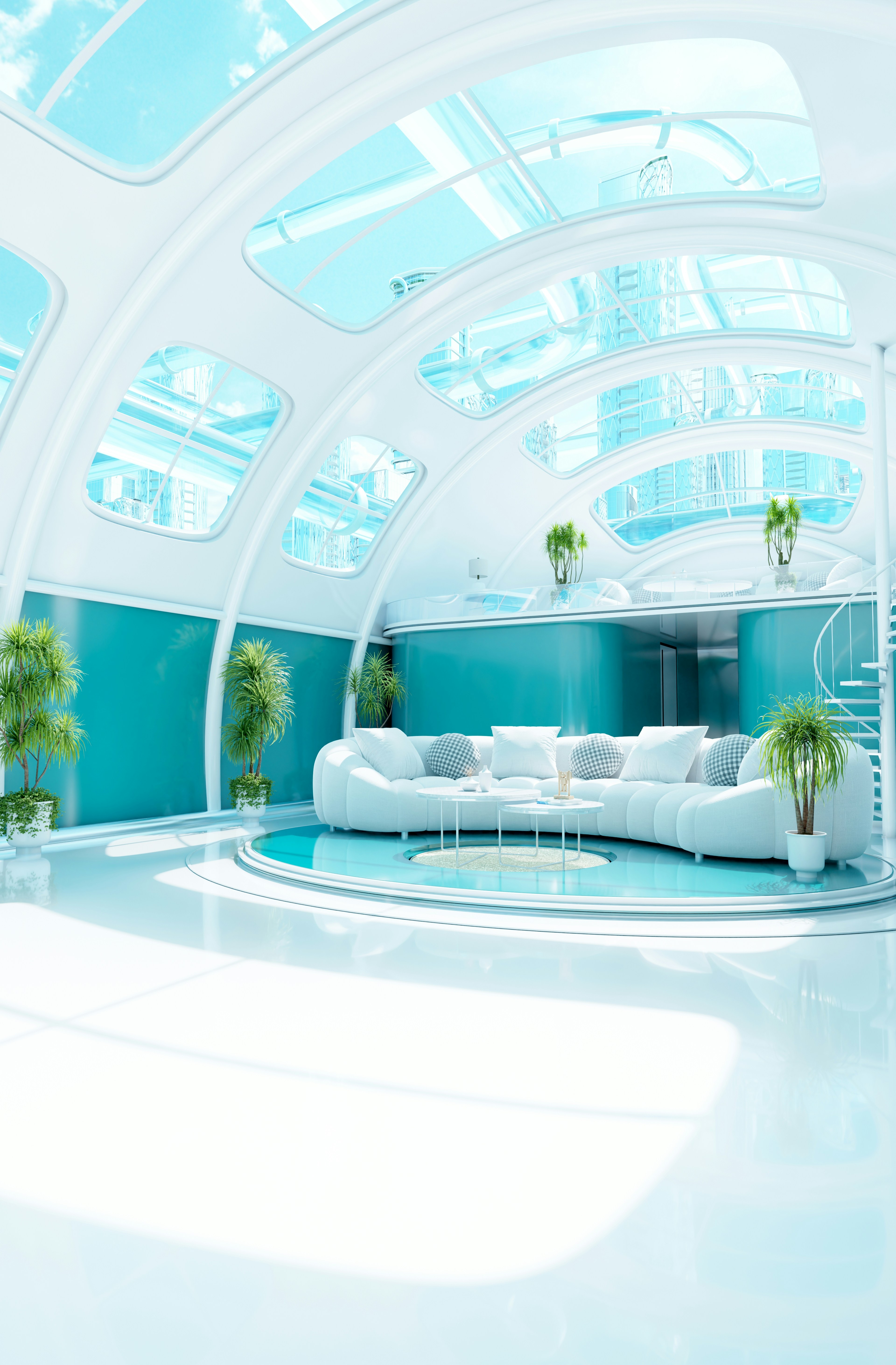 A futuristic living room with a white curved sofa and potted plants under skylights