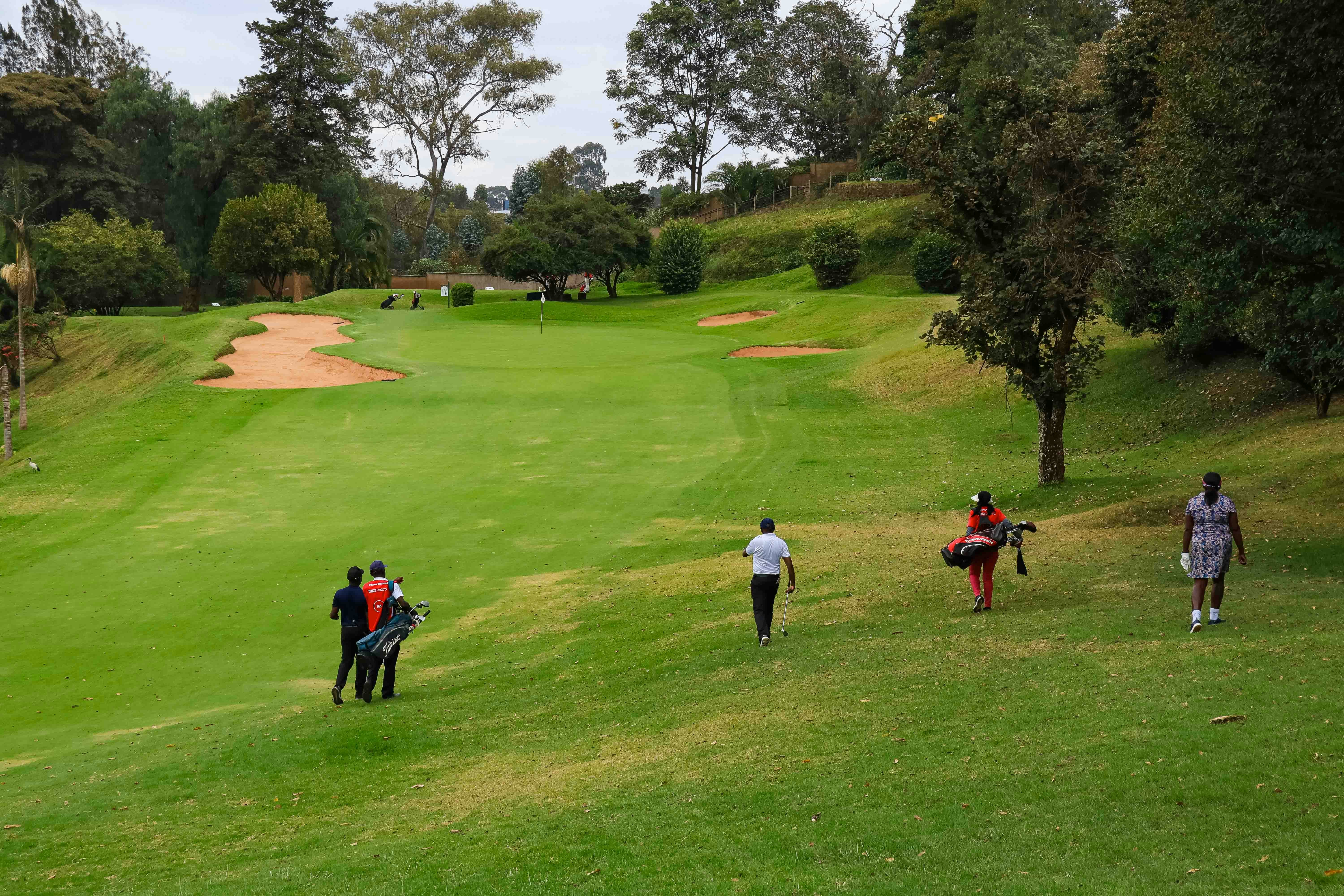 People walking across a green golf course with sand bunkers and trees