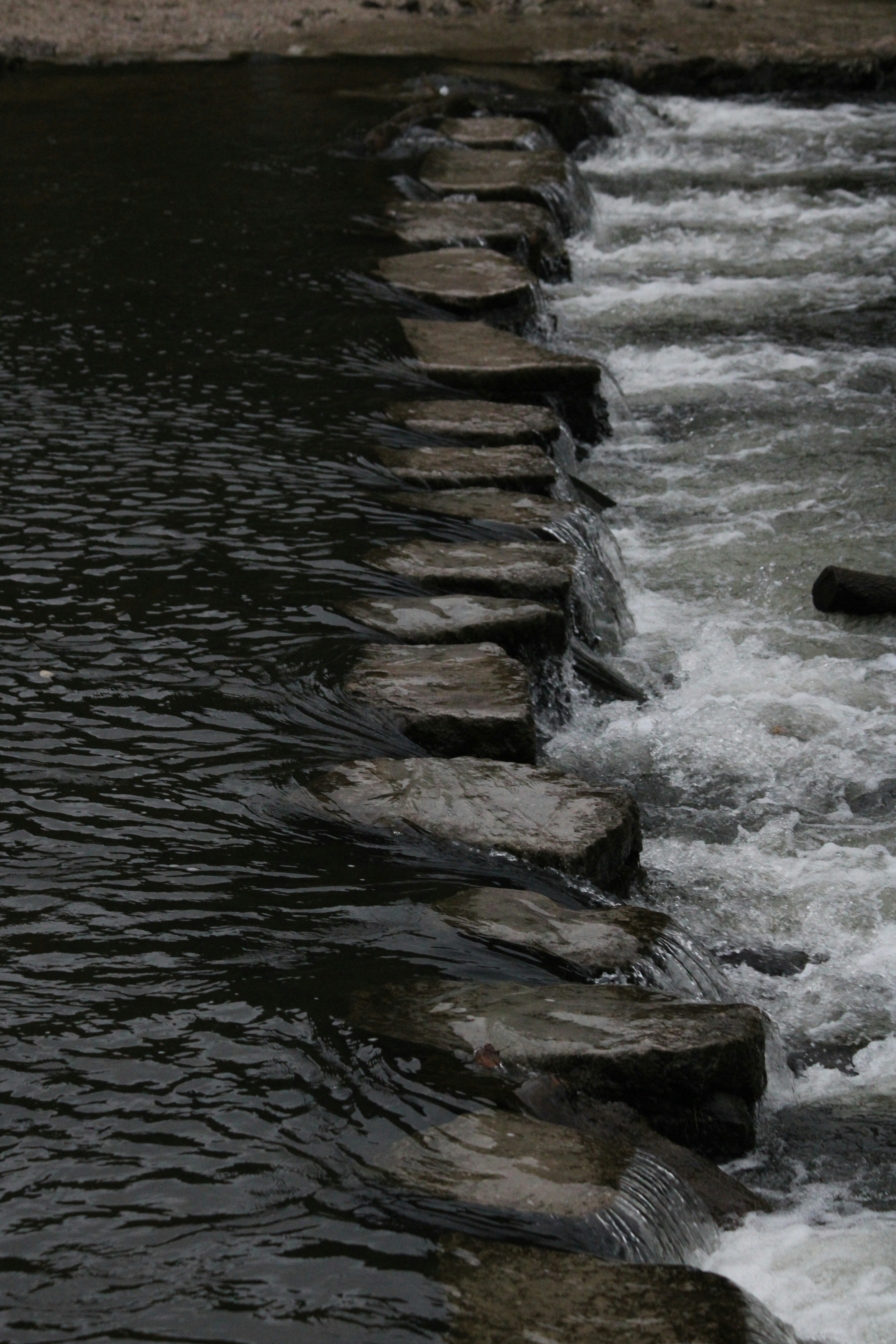 Piedras de escalón forman un camino a través de un río que fluye con rápidos de aguas bravas