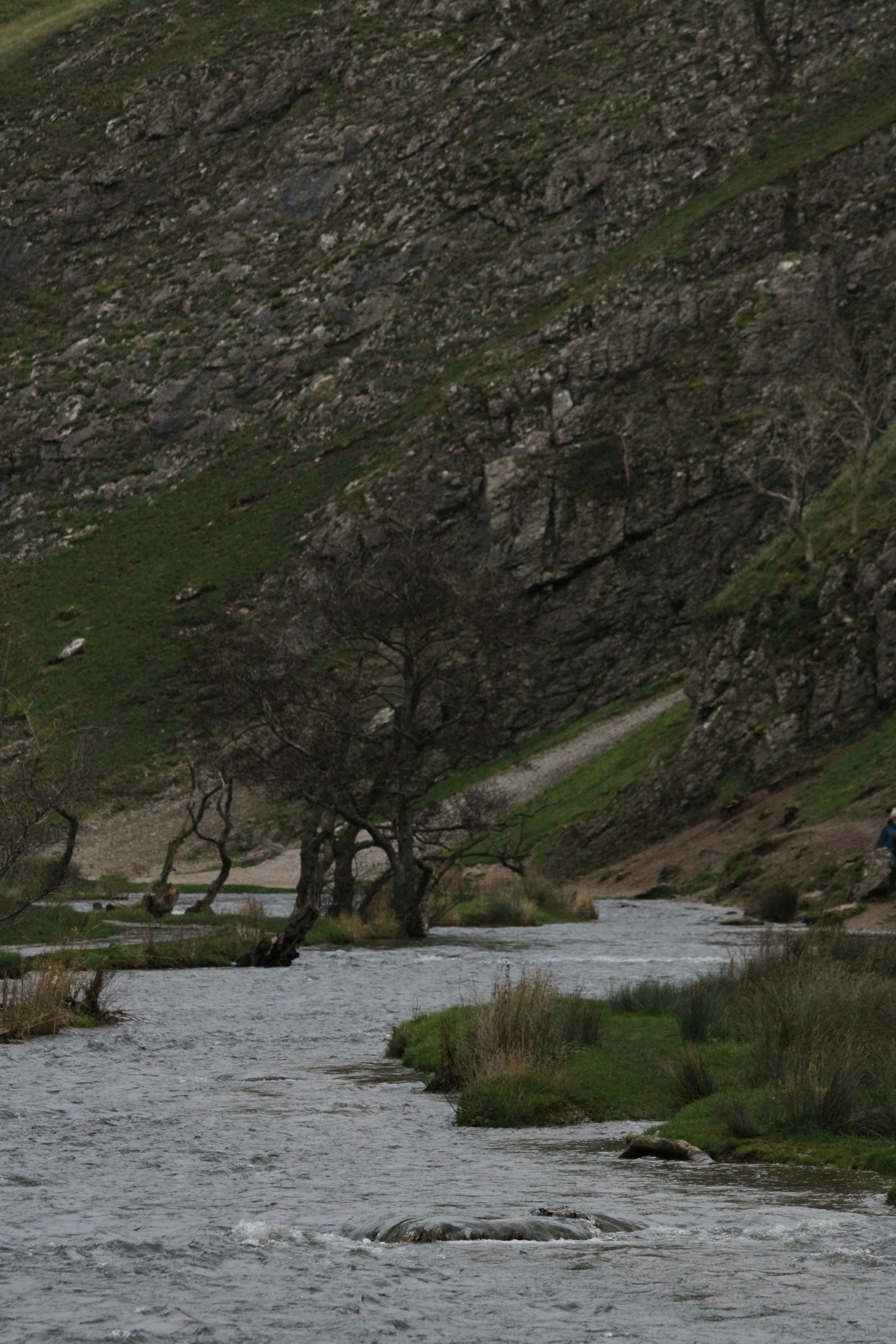 Un río que fluye por un valle bajo una empinada ladera rocosa