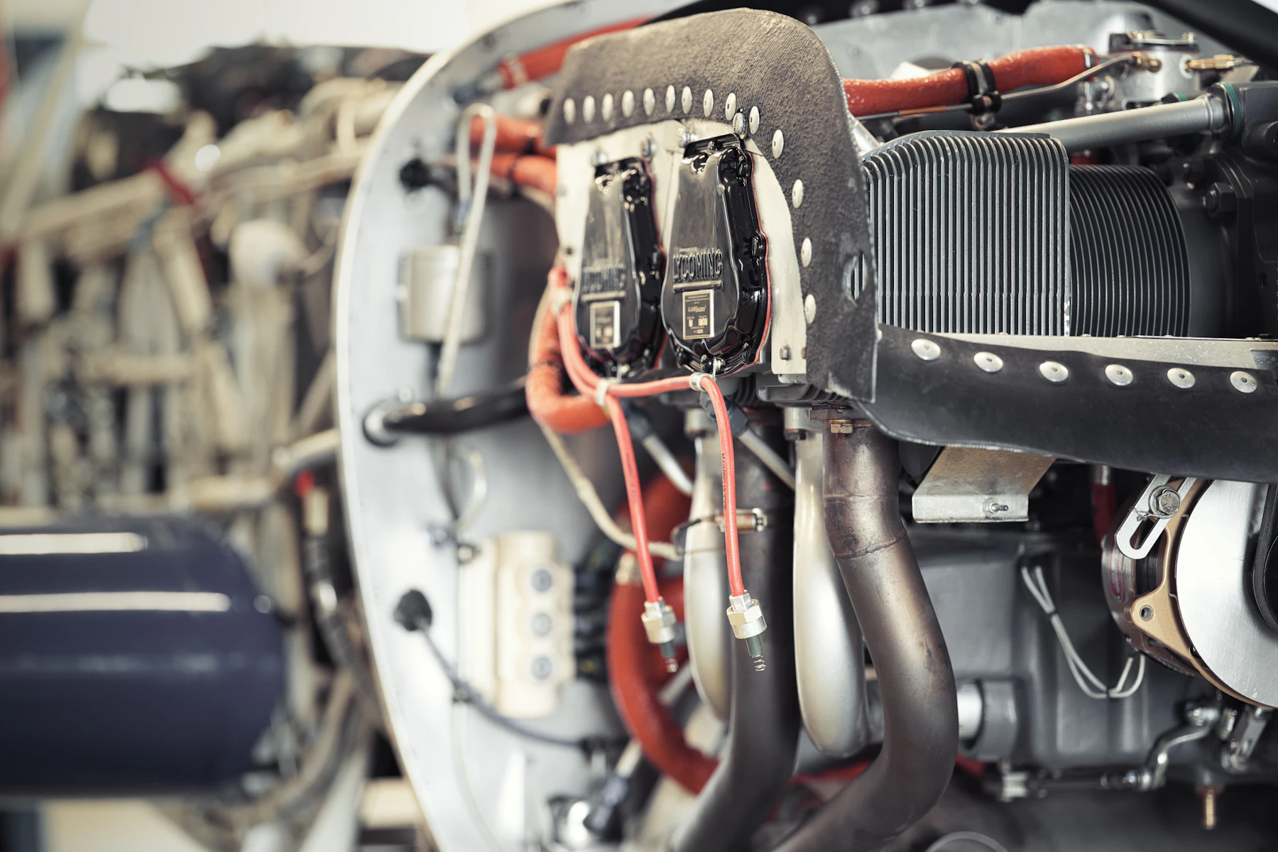 A piston aero engine with the cowling open