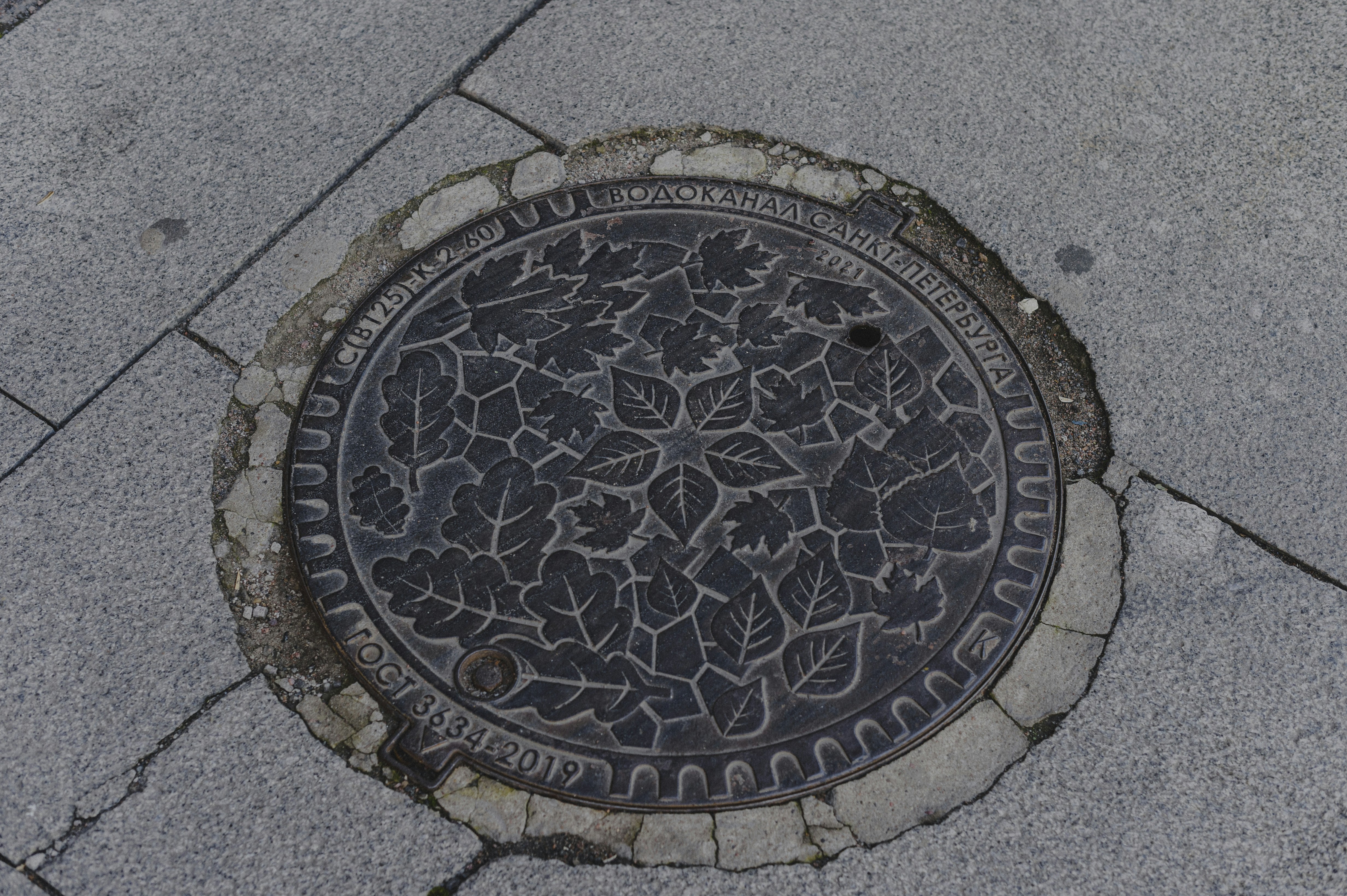 A circular metal manhole cover with embossed leaf patterns set in a stone sidewalk