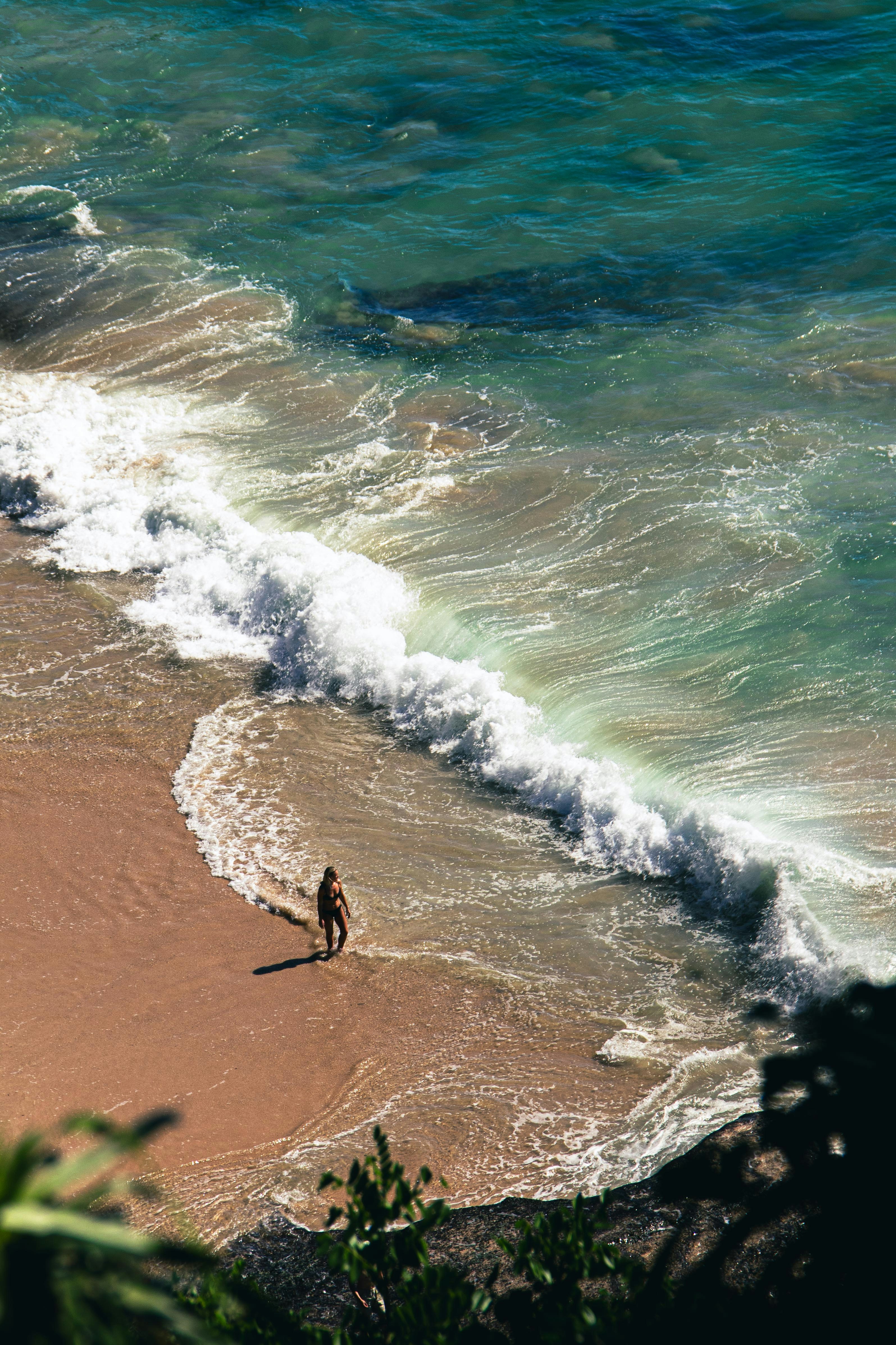 A woman in a bikini walking along the sandy shore near breaking waves