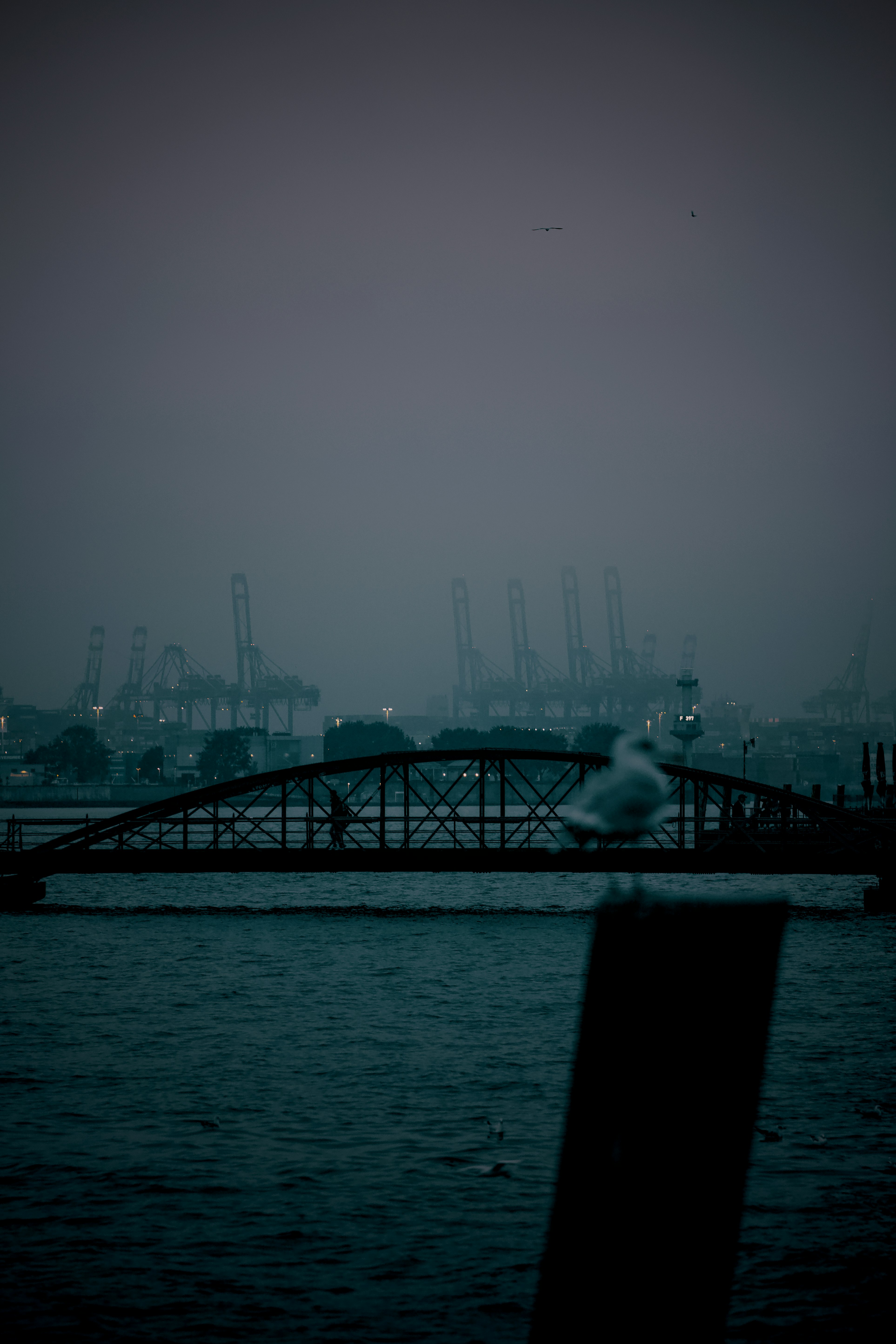 A metal bridge over dark water with industrial cranes in the misty distance