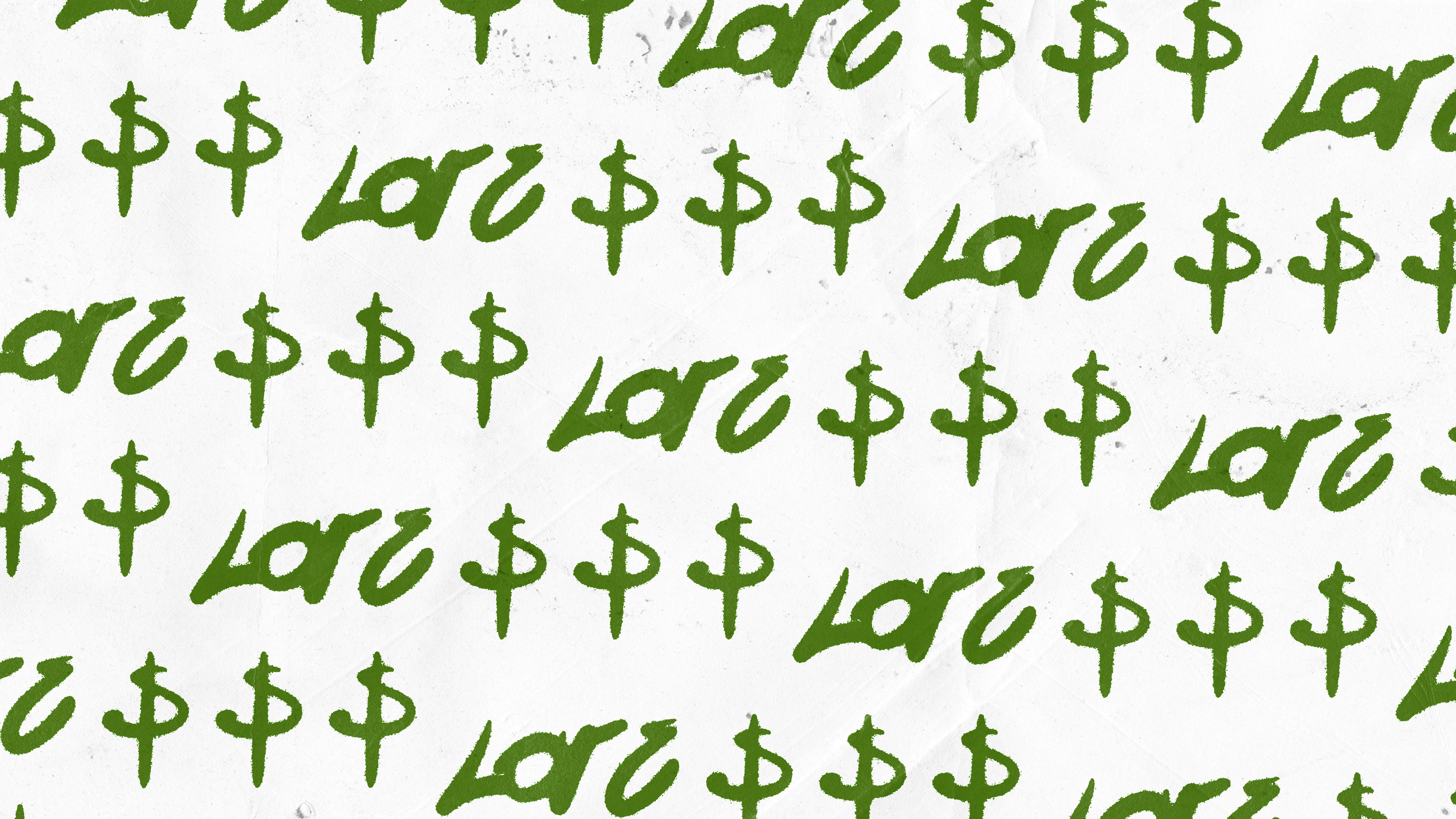 Signos de dólar manuscritos verdes y la palabra amor sobre fondo blanco