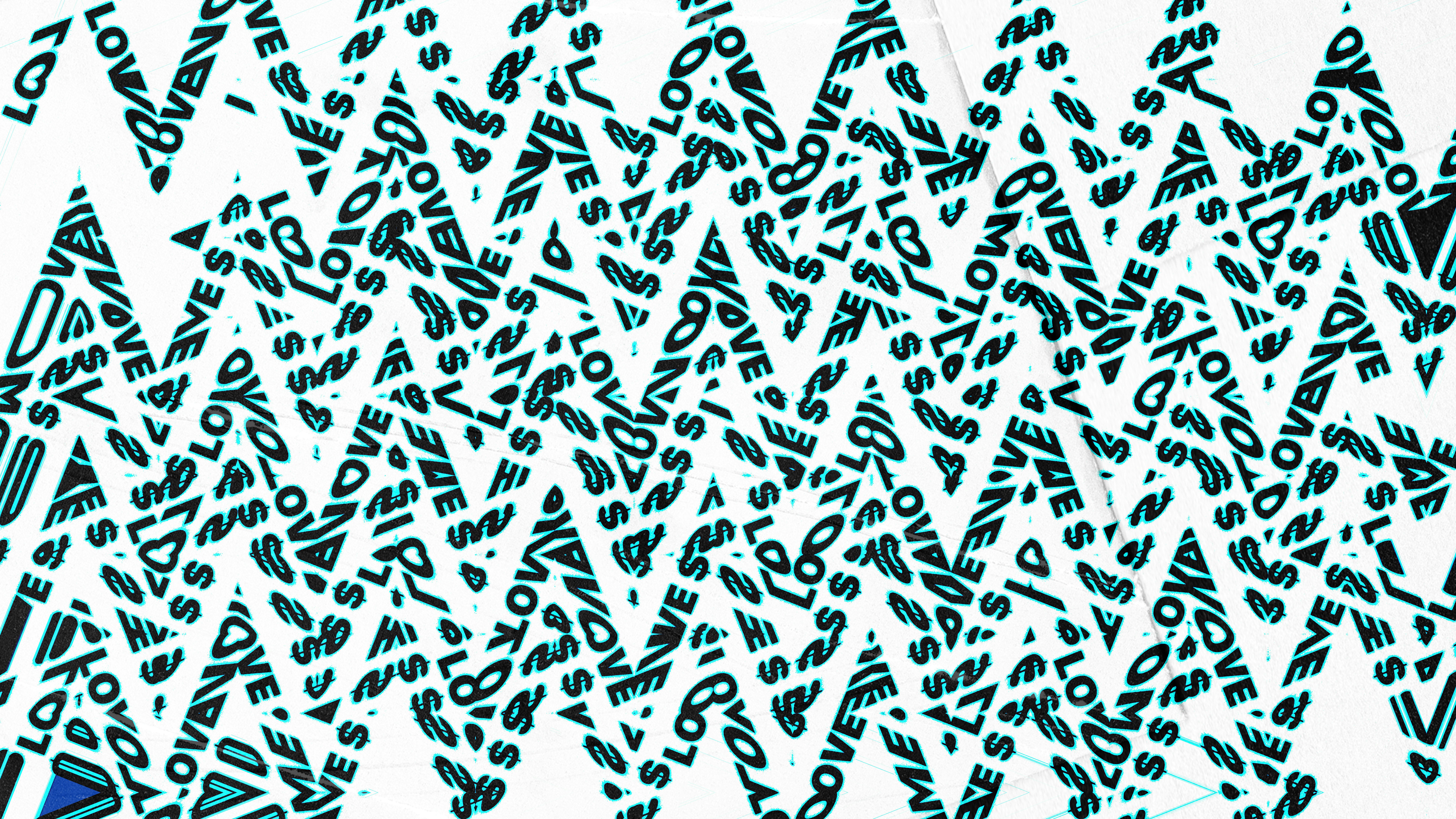 A repeating zigzag pattern of black and blue text reading love on white