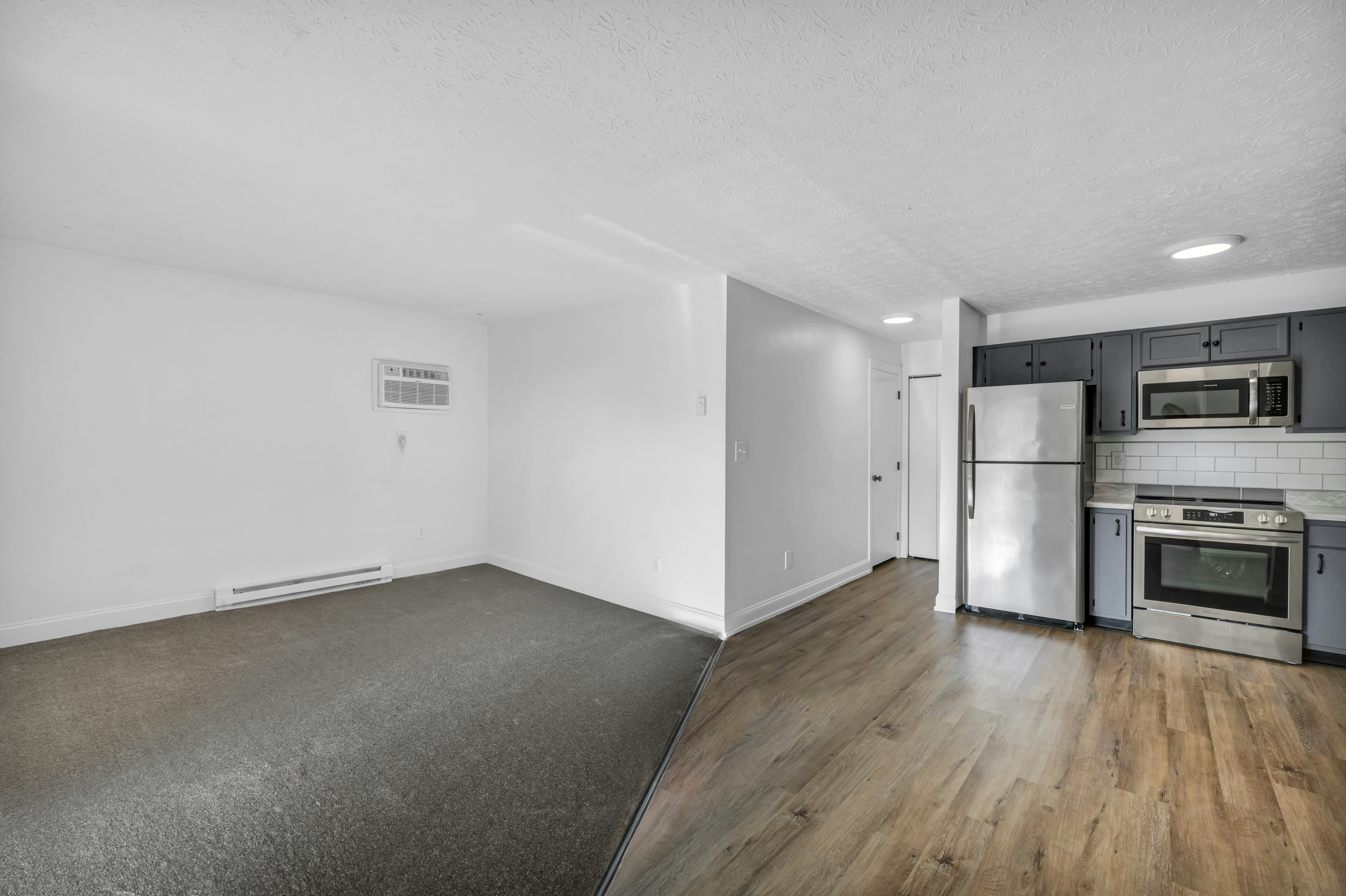 Empty open living area with grey carpet