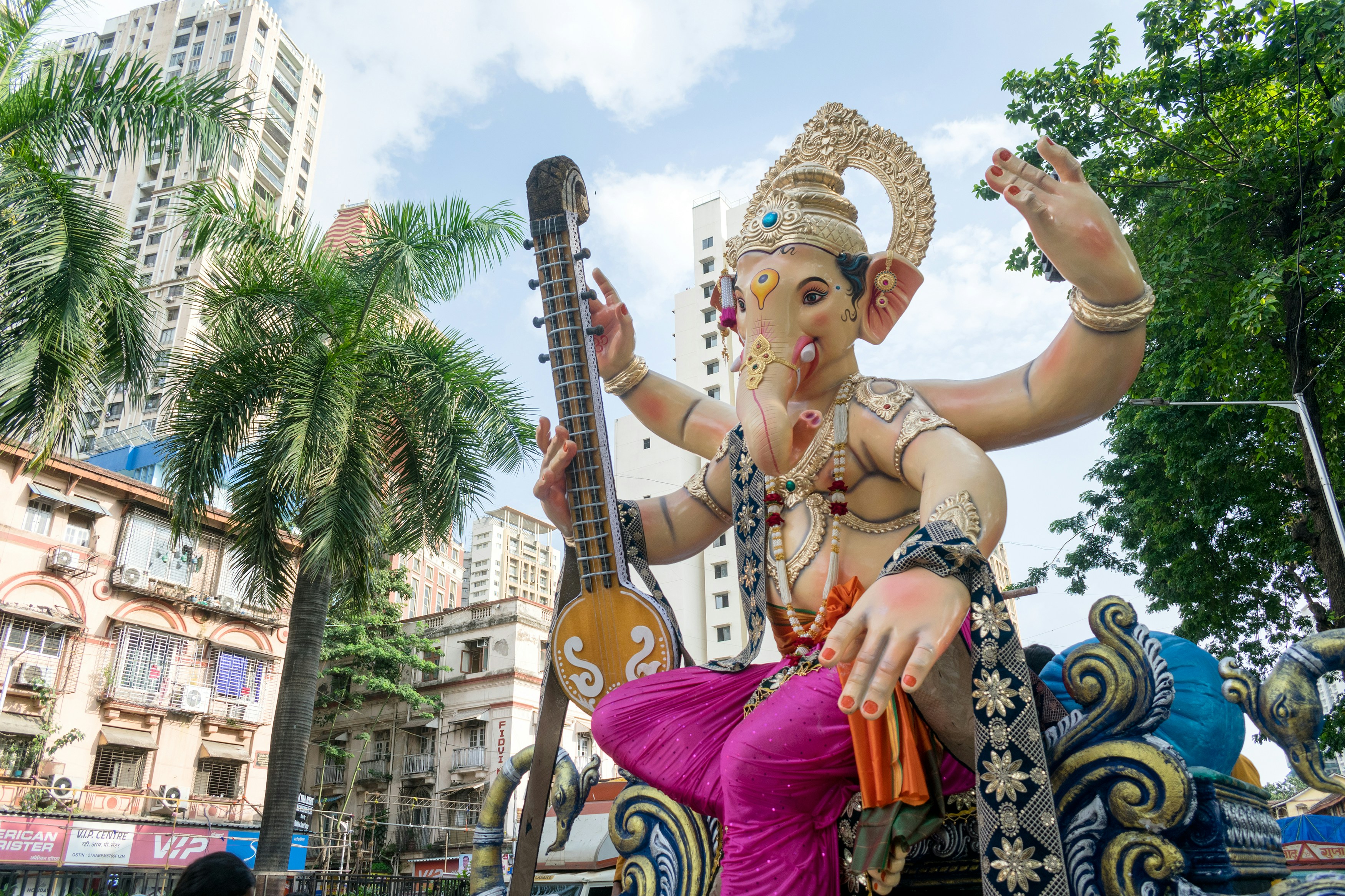 A large statue of Lord Ganesha holding a veena in Mumbai, India