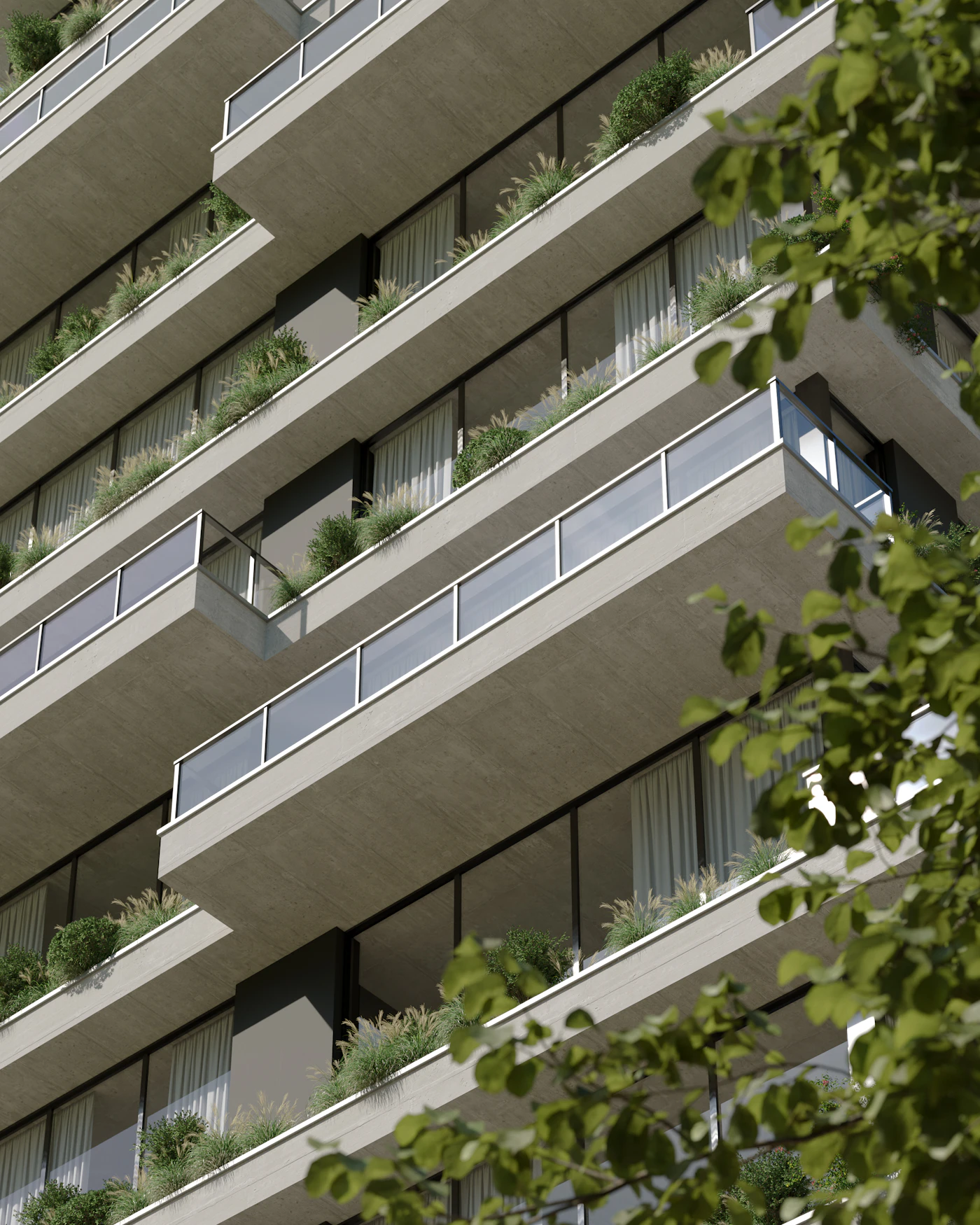 Modernes Mehrfamilienhaus mit übereinanderliegenden Balkonen