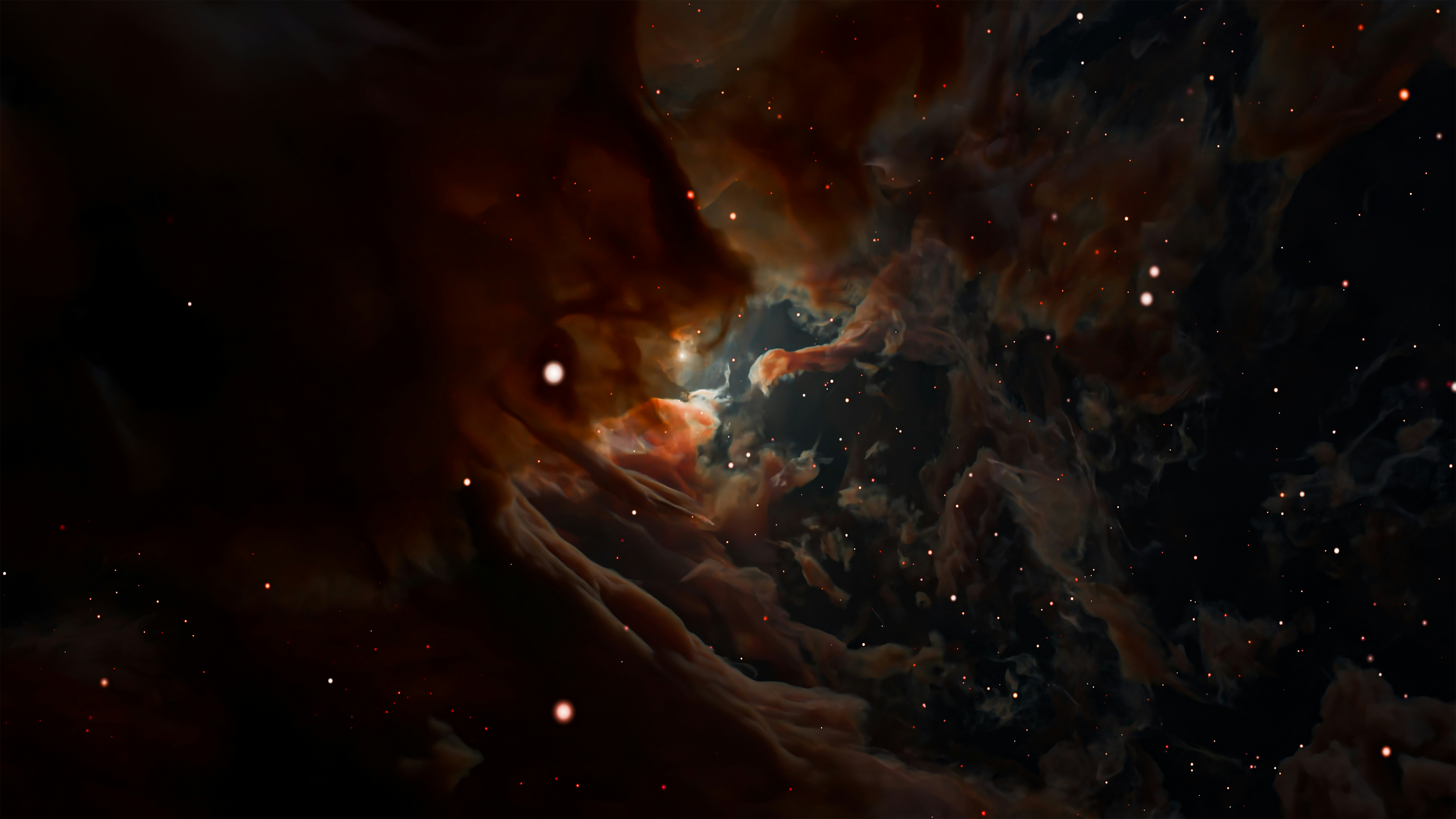 The Omega Nebula glowing with orange gas clouds among scattered bright stars